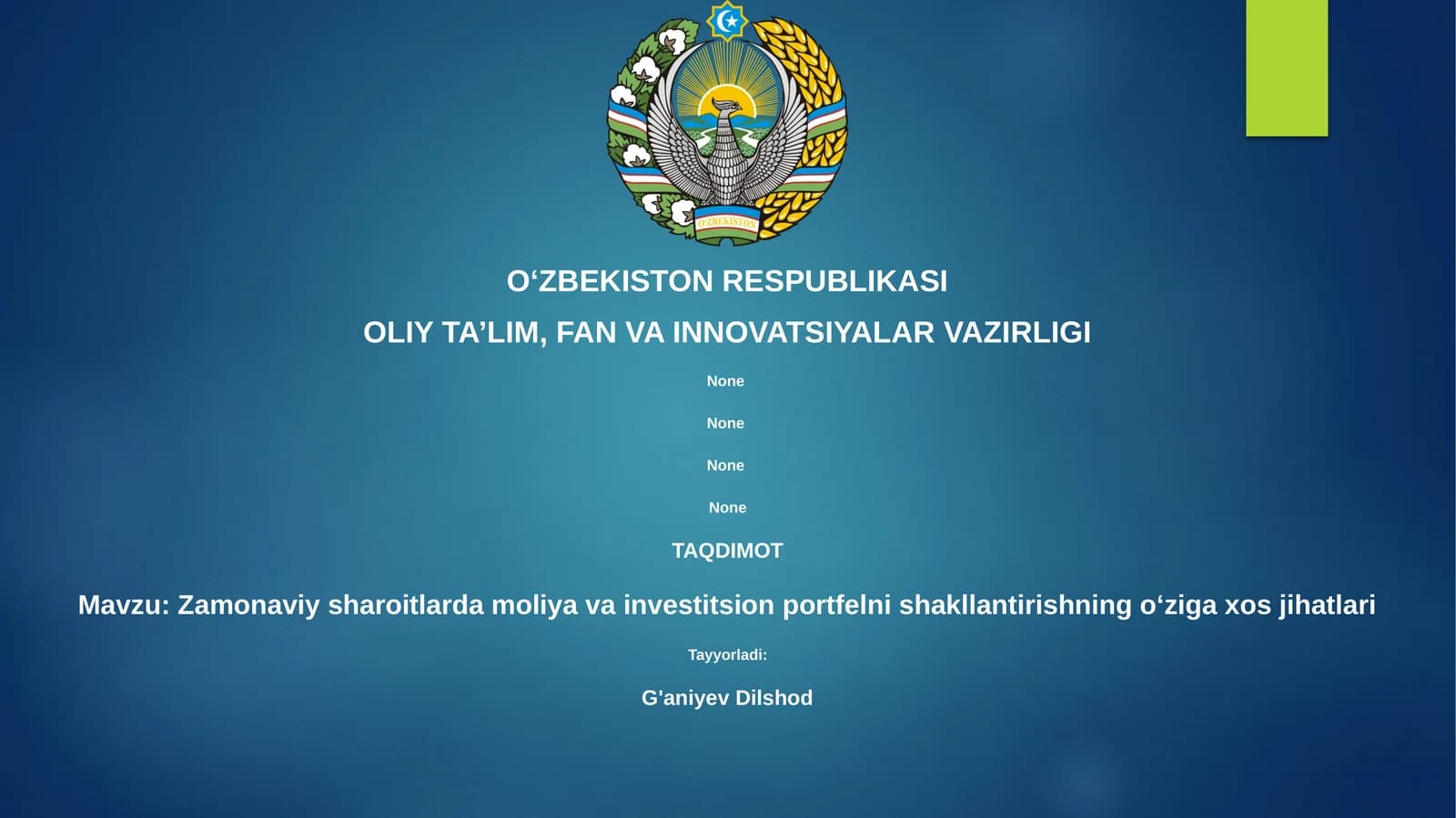 Zamonaviy sharoitlarda moliya va investitsion portfelni shakllantirishning oʻziga xos jihatlari