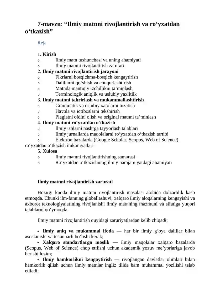 Ilmiy matnni rivojlantirish va ro‘yxatdan o‘tkazish