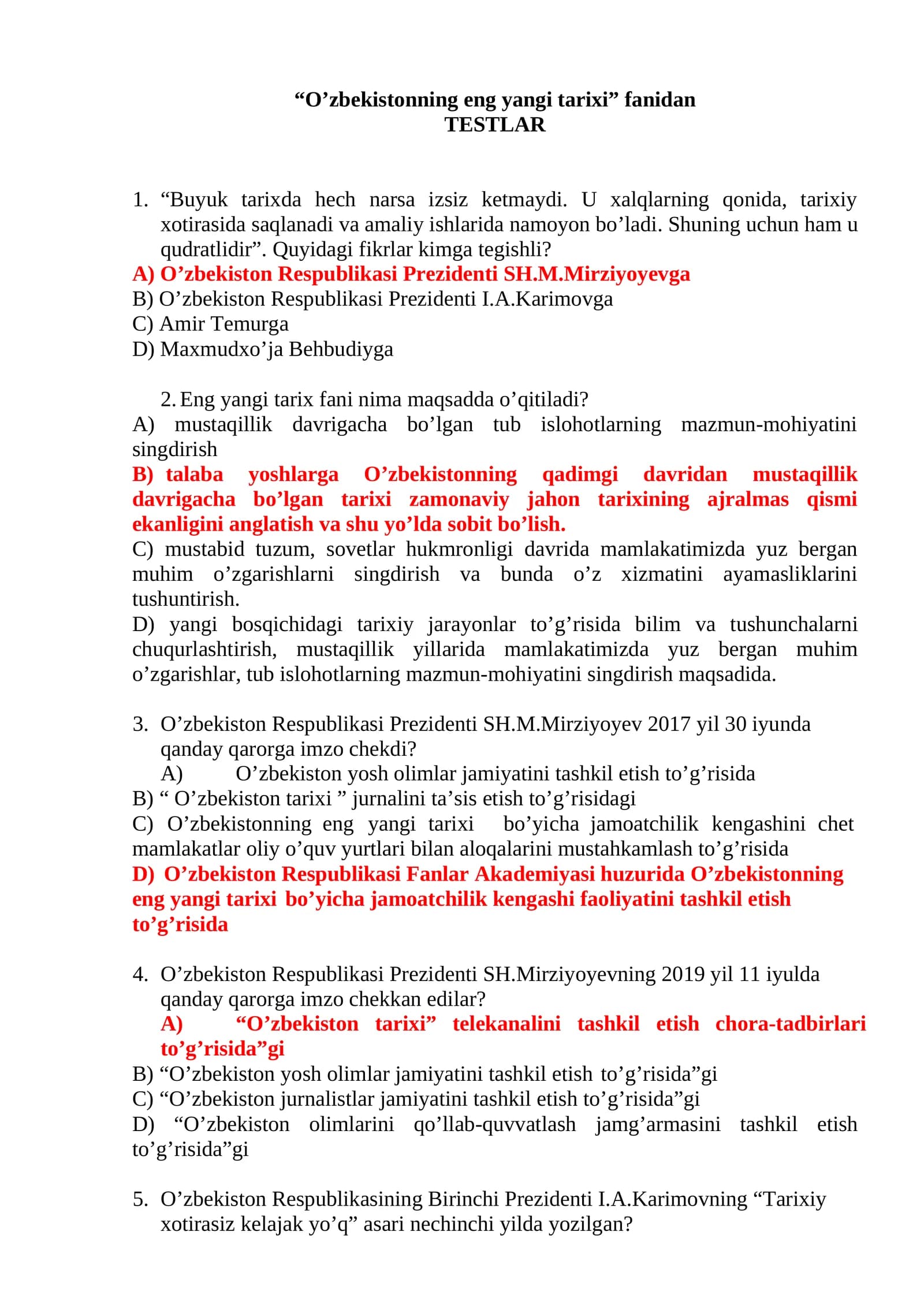Eng yangi tarixi fanidan TESTLAR