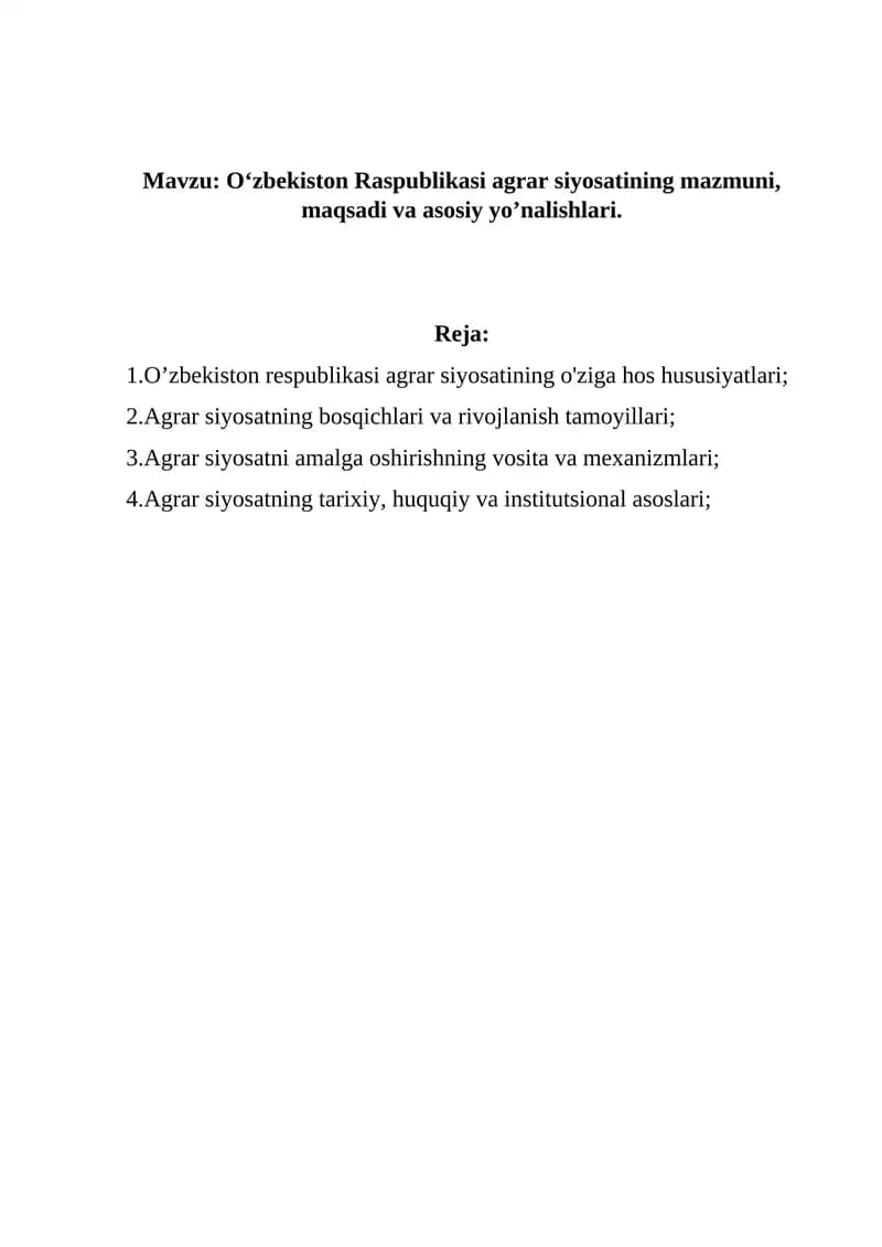 O‘zbekiston Raspublikasi Agrar Siyosati