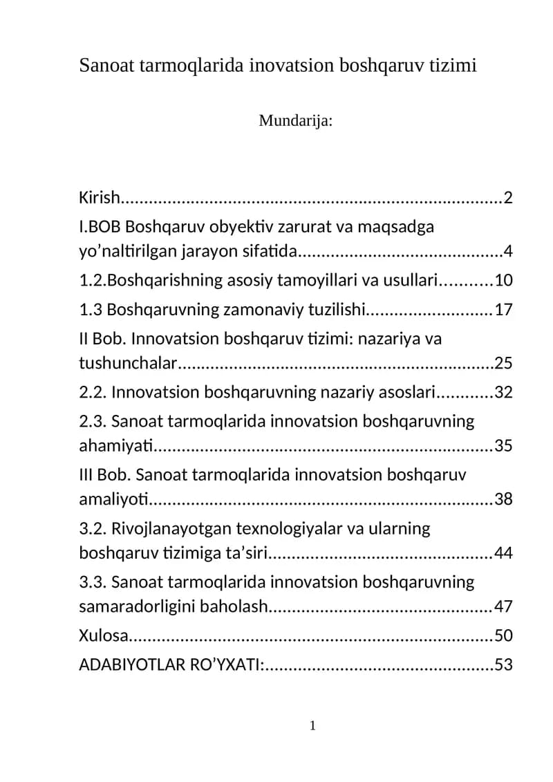 Sanoat tarmoqlarida inovatsion boshqaruv tizimi