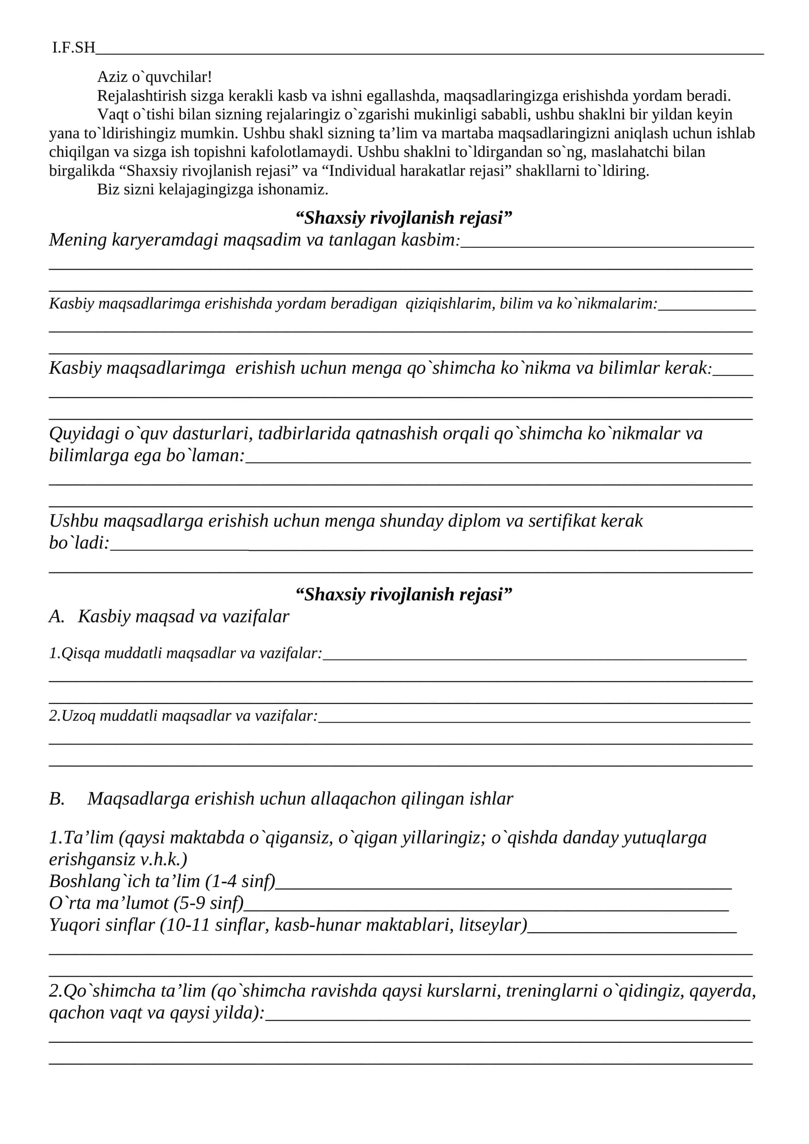 Shaxsiy rivojlanish rejasi