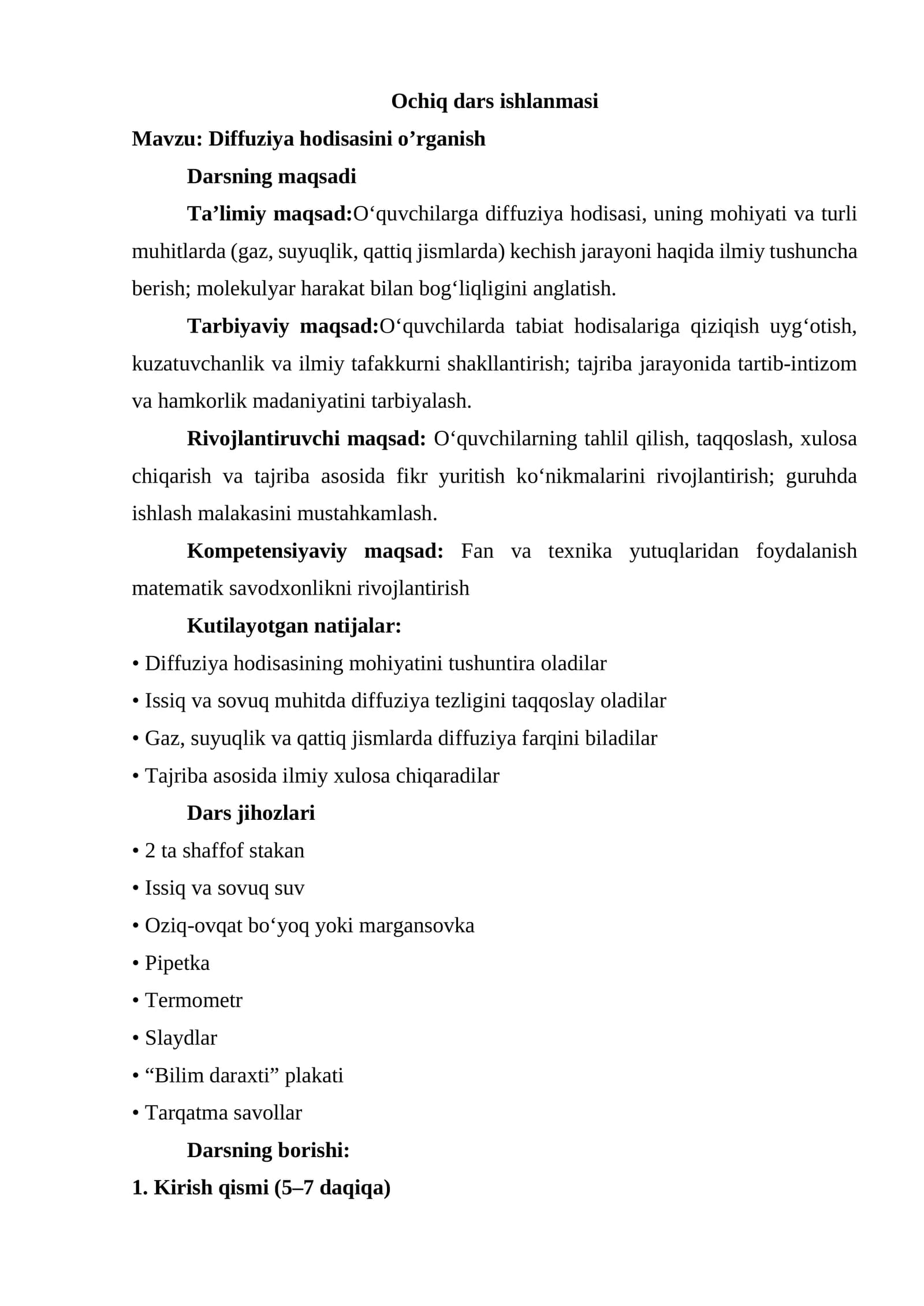 Diffuziya hodisasini o’rganish