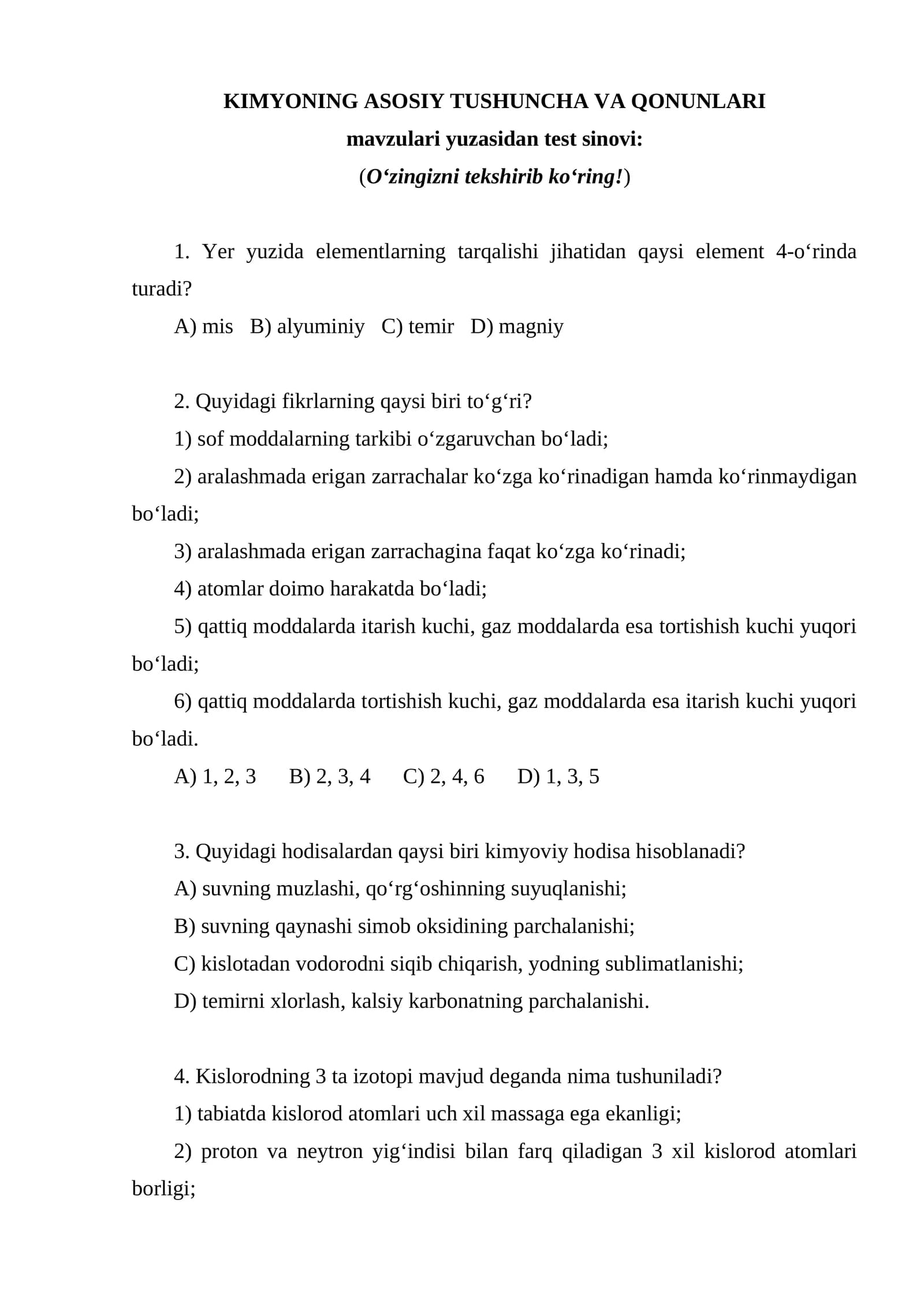 KIMYONING ASOSIY TUSHUNCHA VA QONUNLARI