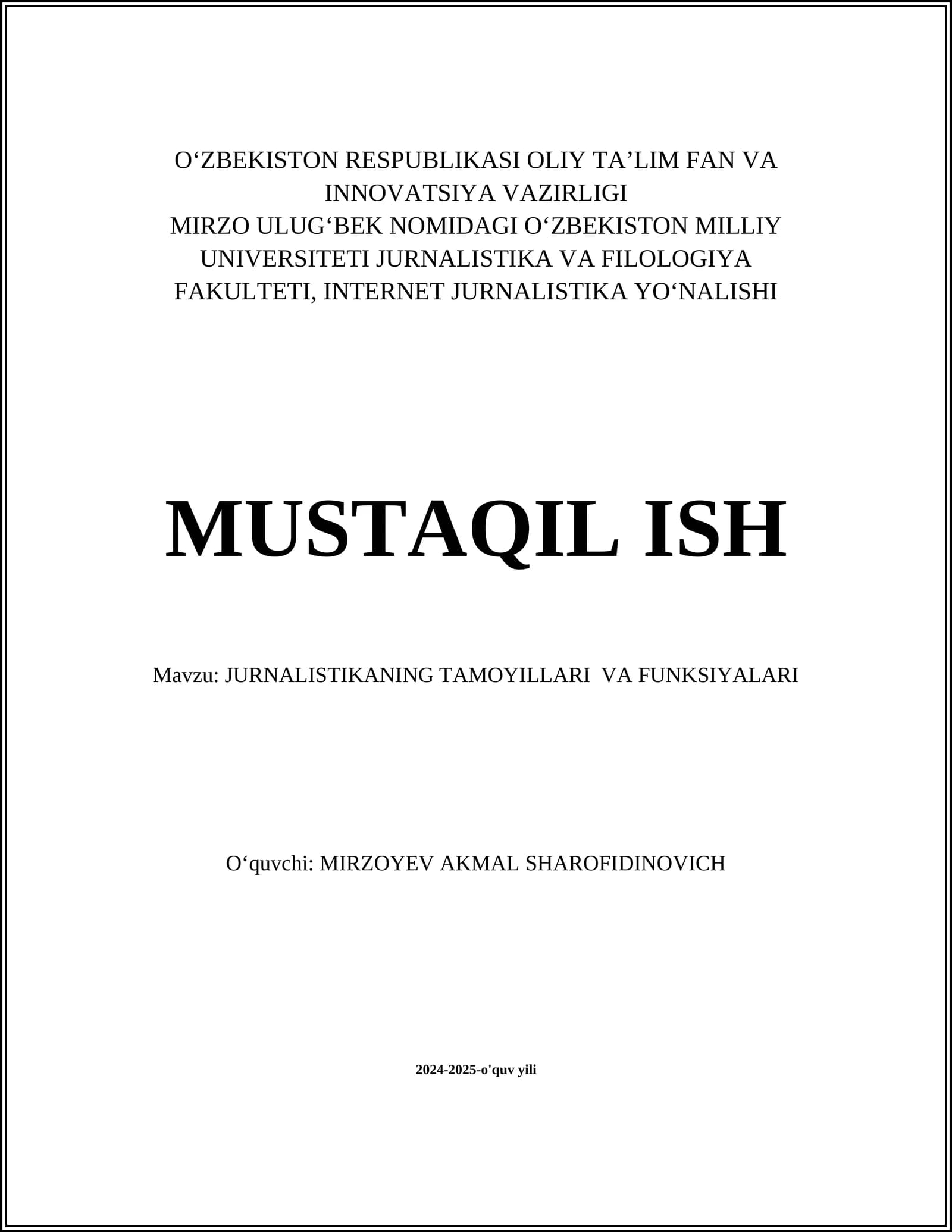 JURNALISTIKANING TAMOYILLARI VA FUNKSIYALARI