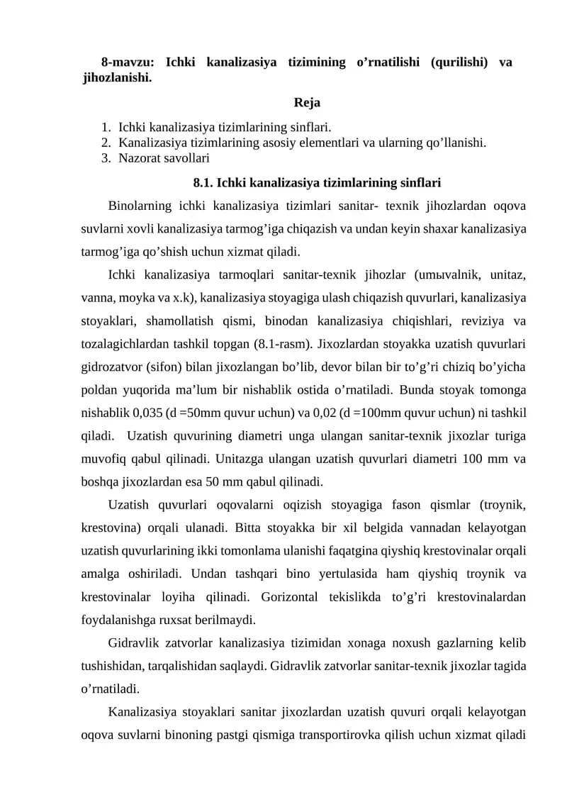 Ichki kanalizasiya tizimining o’rnatilishi (qurilishi) va jihozlanishi