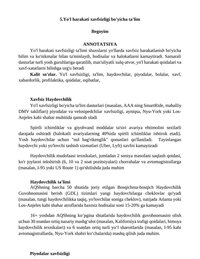 Yo'l harakati xavfsizligi bo'yicha ta'lim