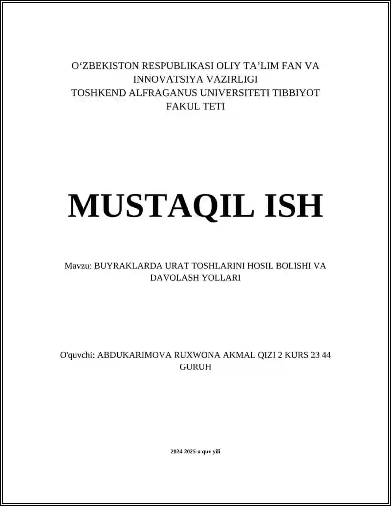 Buyrak Toshlarining Hosil Bolishi va Davolash Yollari