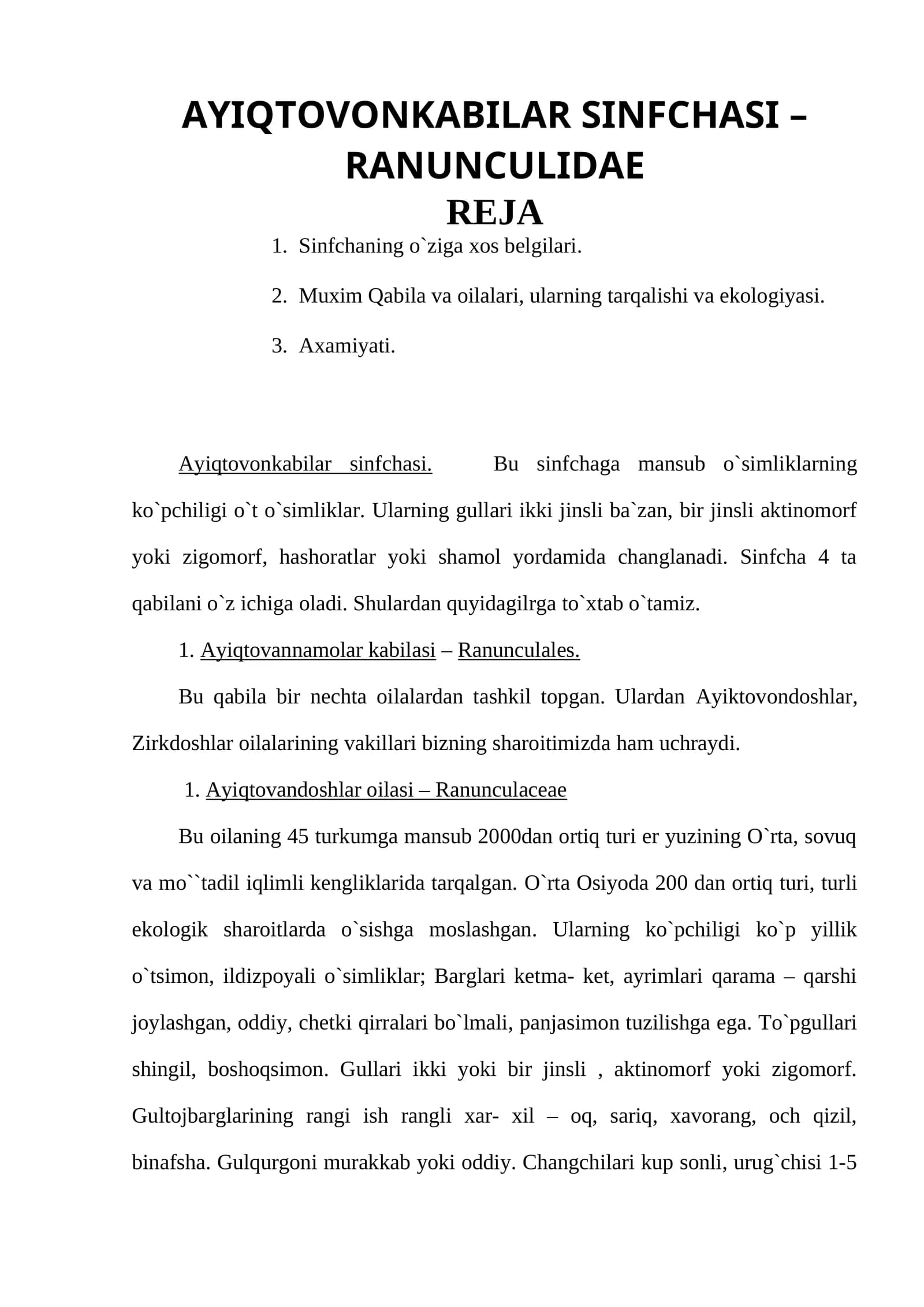 Ayiqtovonkabilar sinfchasi – Ranunculidae