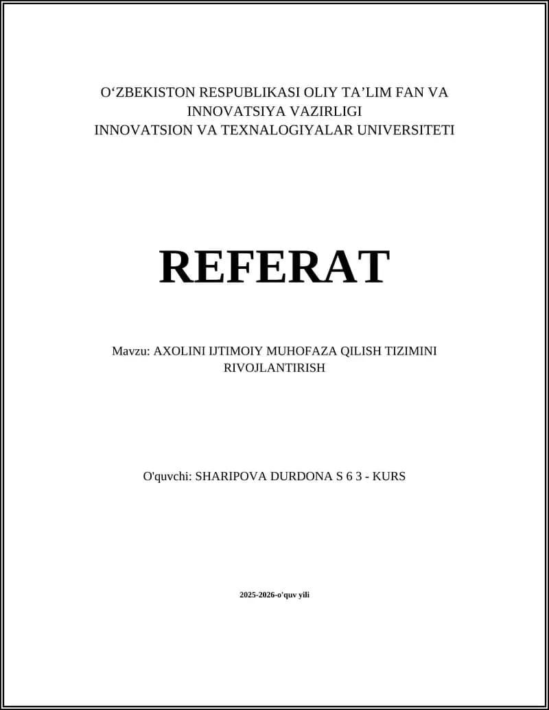 AXOLINI IJTIMOIY MUHOFAZA QILISH TIZIMINI RIVOJLANTIRISH