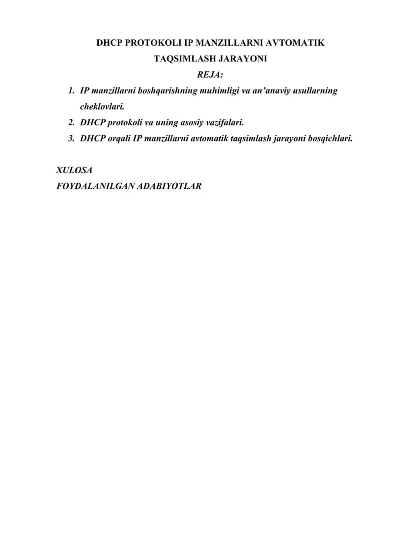 DHCP PROTOKOLI IP MANZILLARNI AVTOMATIK TAQSIMLASH JARAYONI