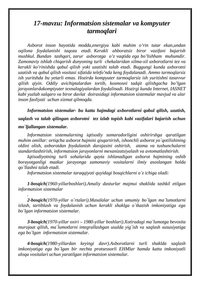 Informatsion sistemalar va kompyuter tarmoqlari