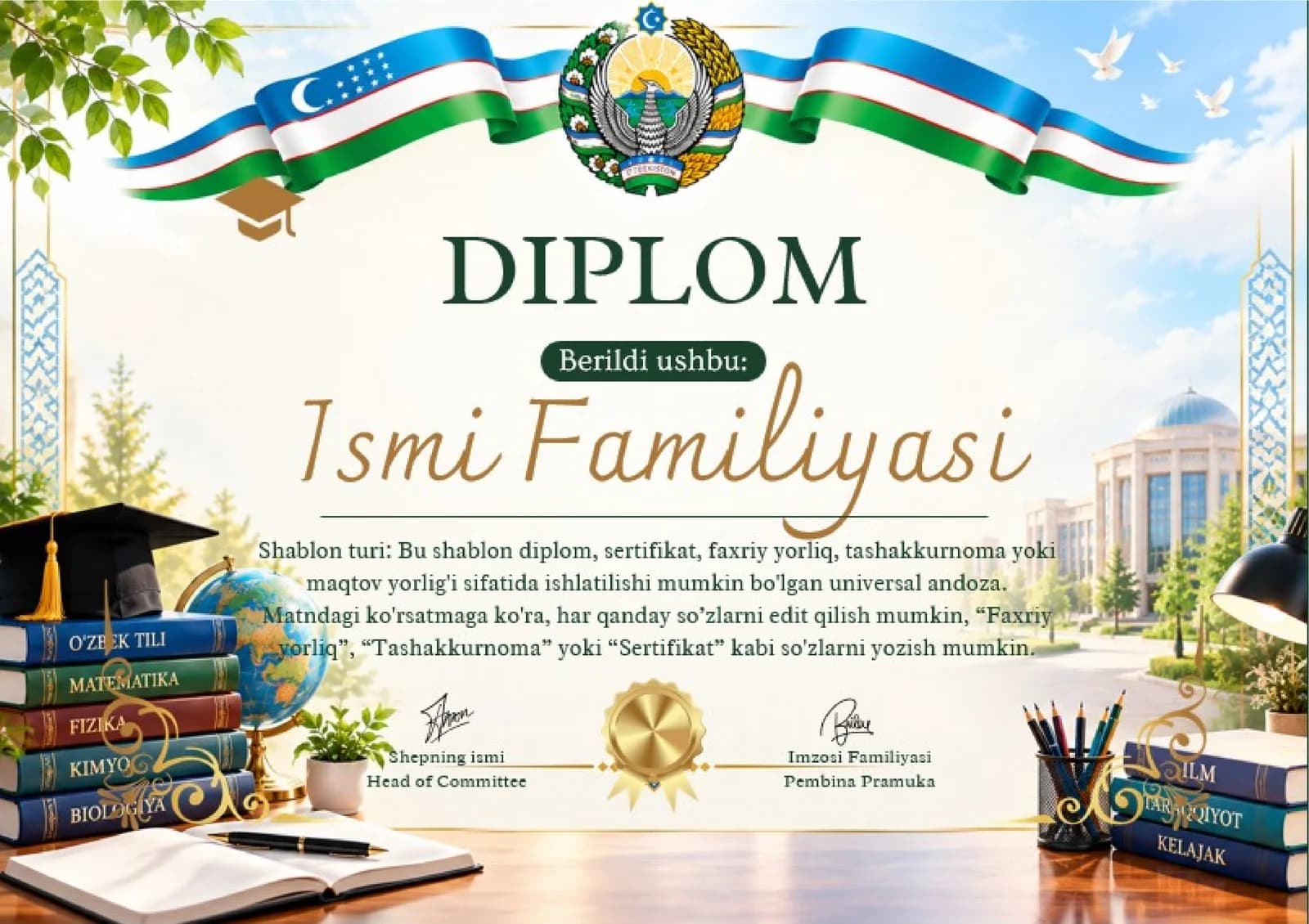 Shablon diplom, sertifikat, faxriy yorliq, tashakkurnoma yoki maqtov yorlig'i
