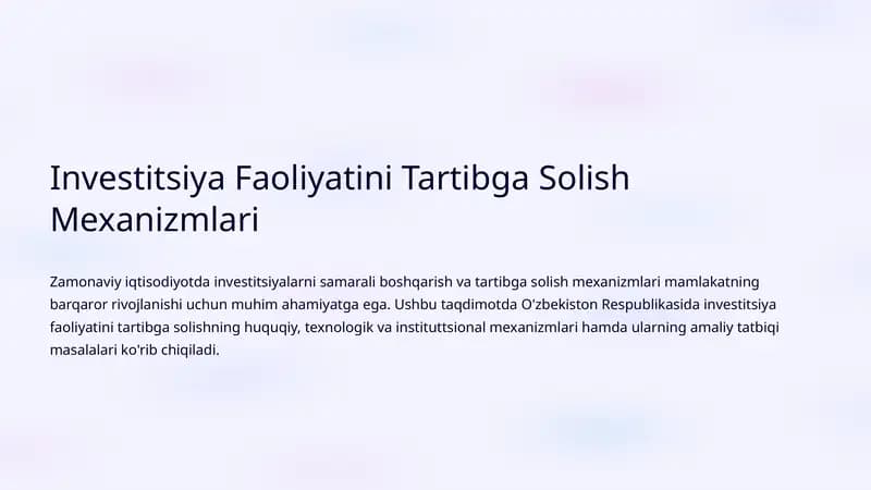 Investitsiya Faoliyatini Tartibga Solish Mexanizmlari