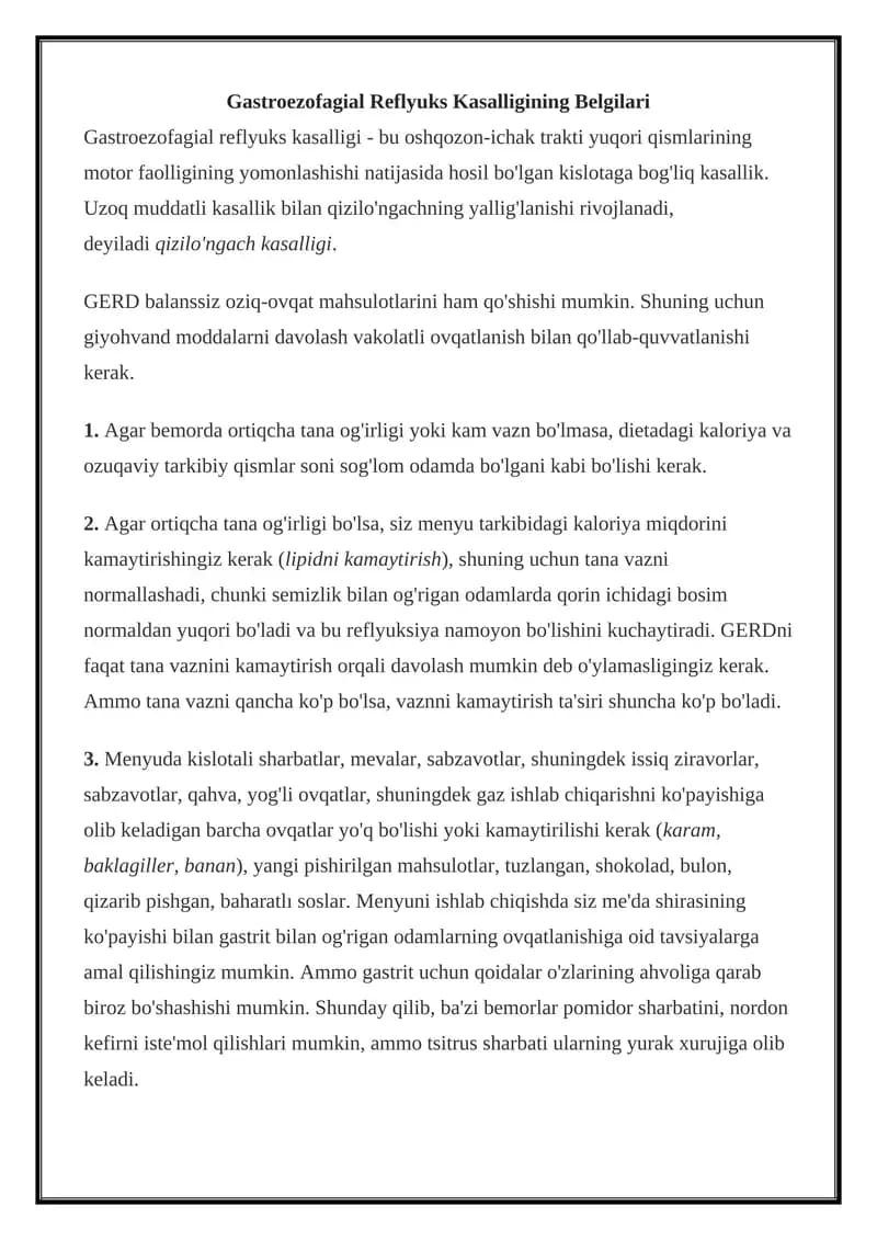 Gastroezofagial Reflyuks Kasalligining Belgilari