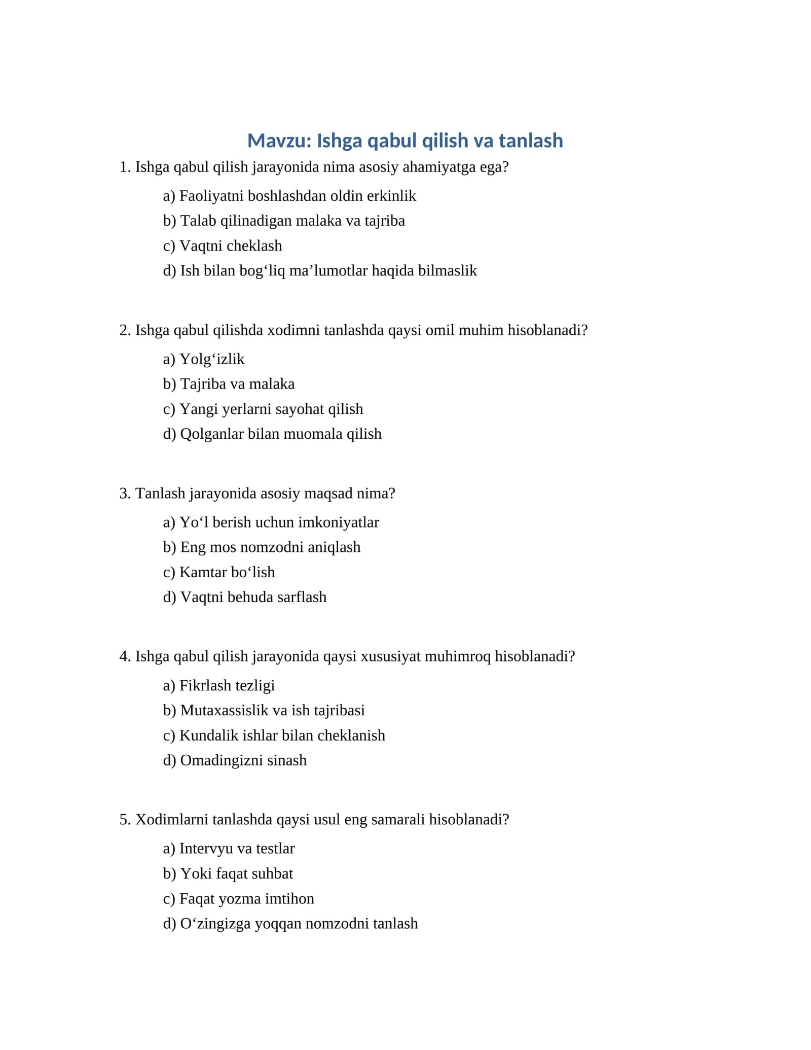 Ishga qabul qilish va tanlash
