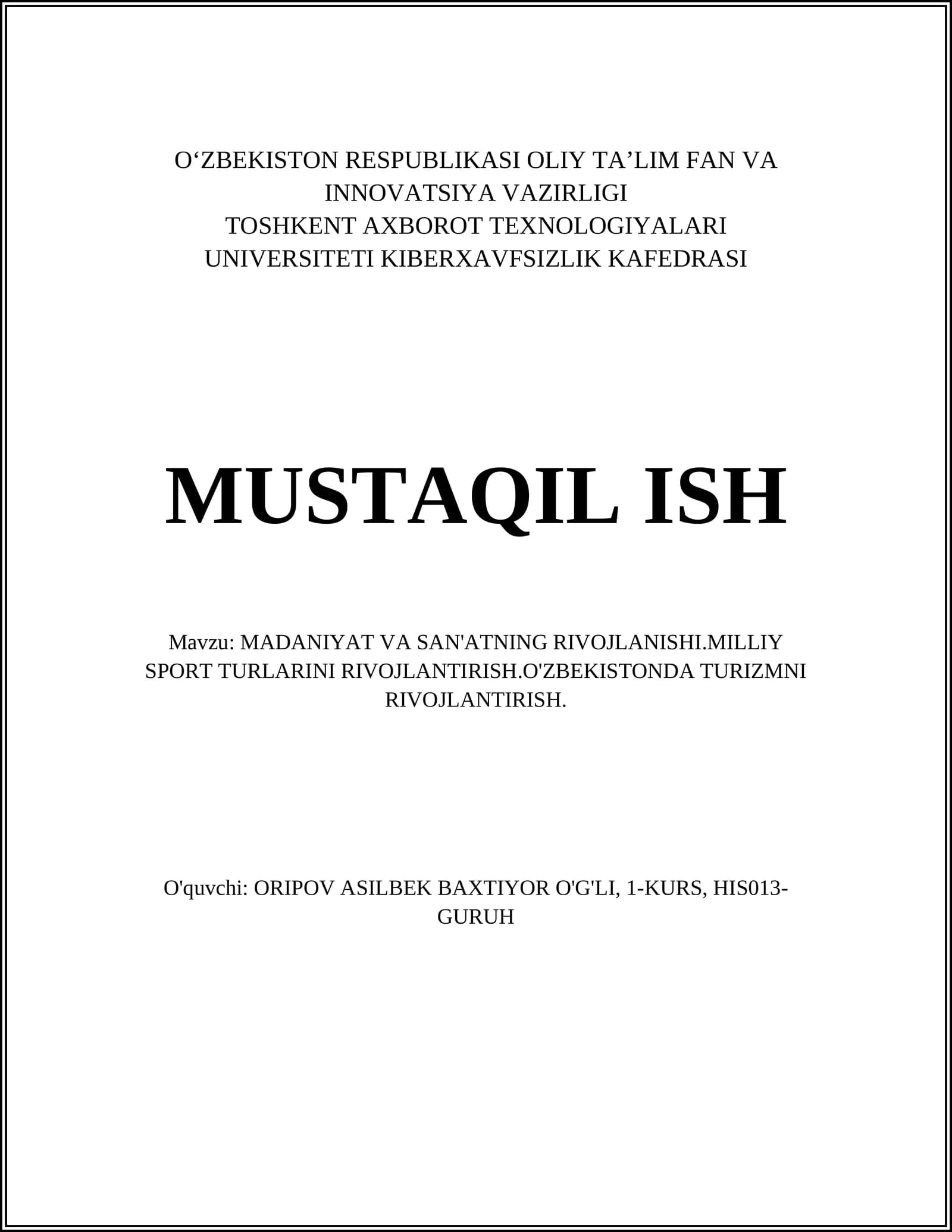 MADANIYAT VA SAN'ATNING RIVOJLANISHI