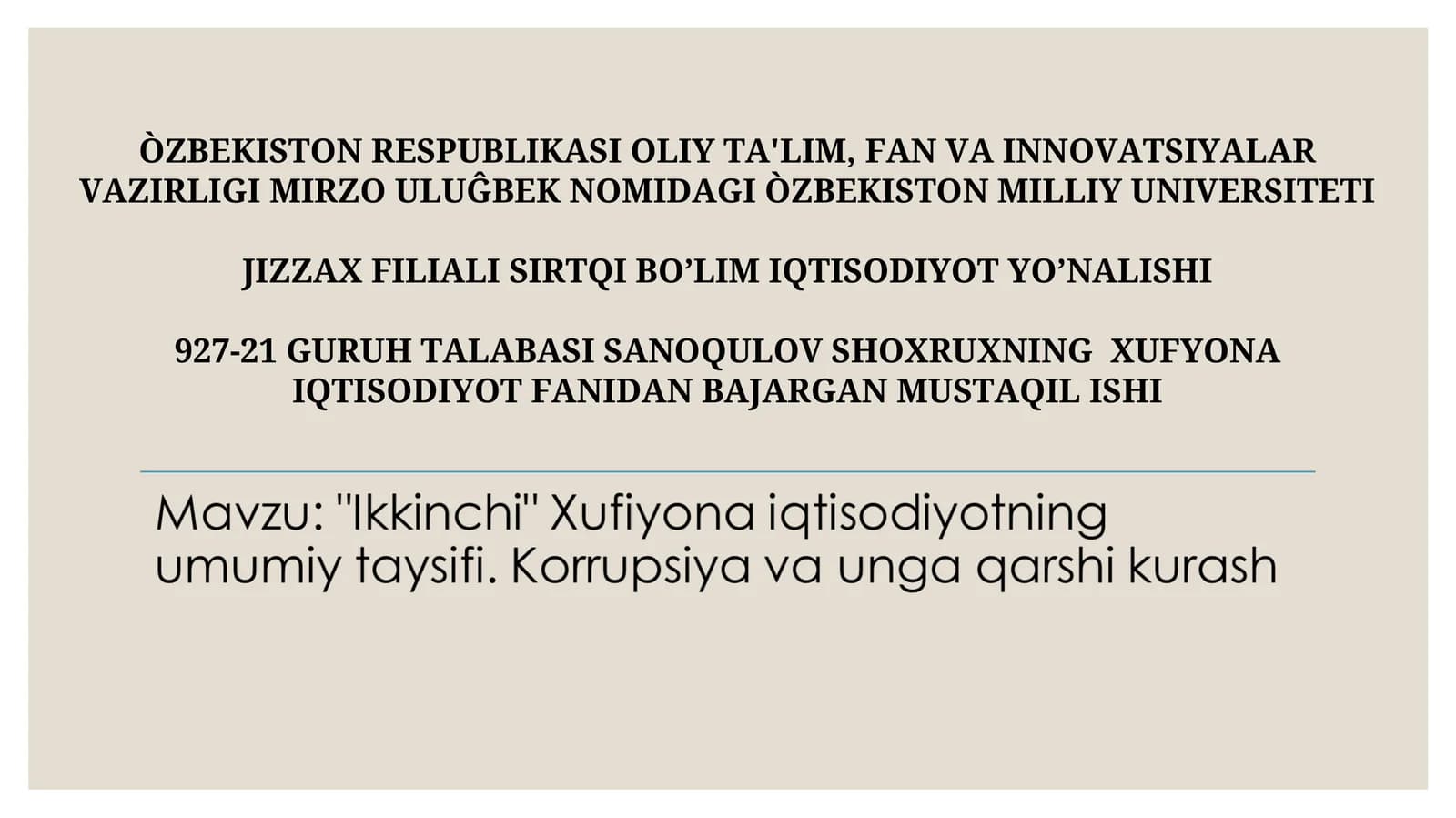 XUFYONA IQTISODIYOT FANIDAN BAJARGAN MUSTAQIL ISHI