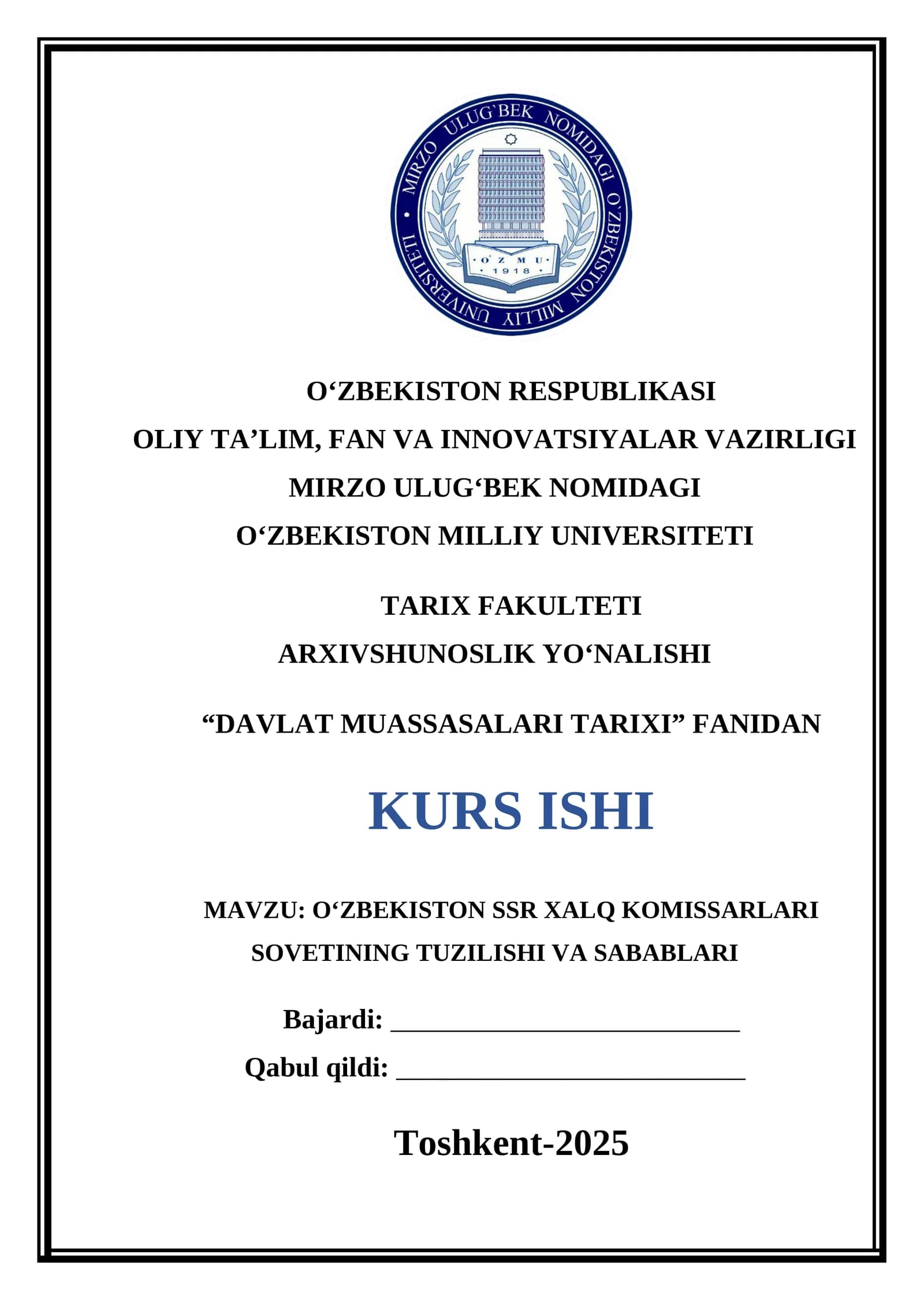 O‘ZBEKISTON SSR XALQ KOMISSARLARI SOVETINING TUZILISHI VA SABABLARI