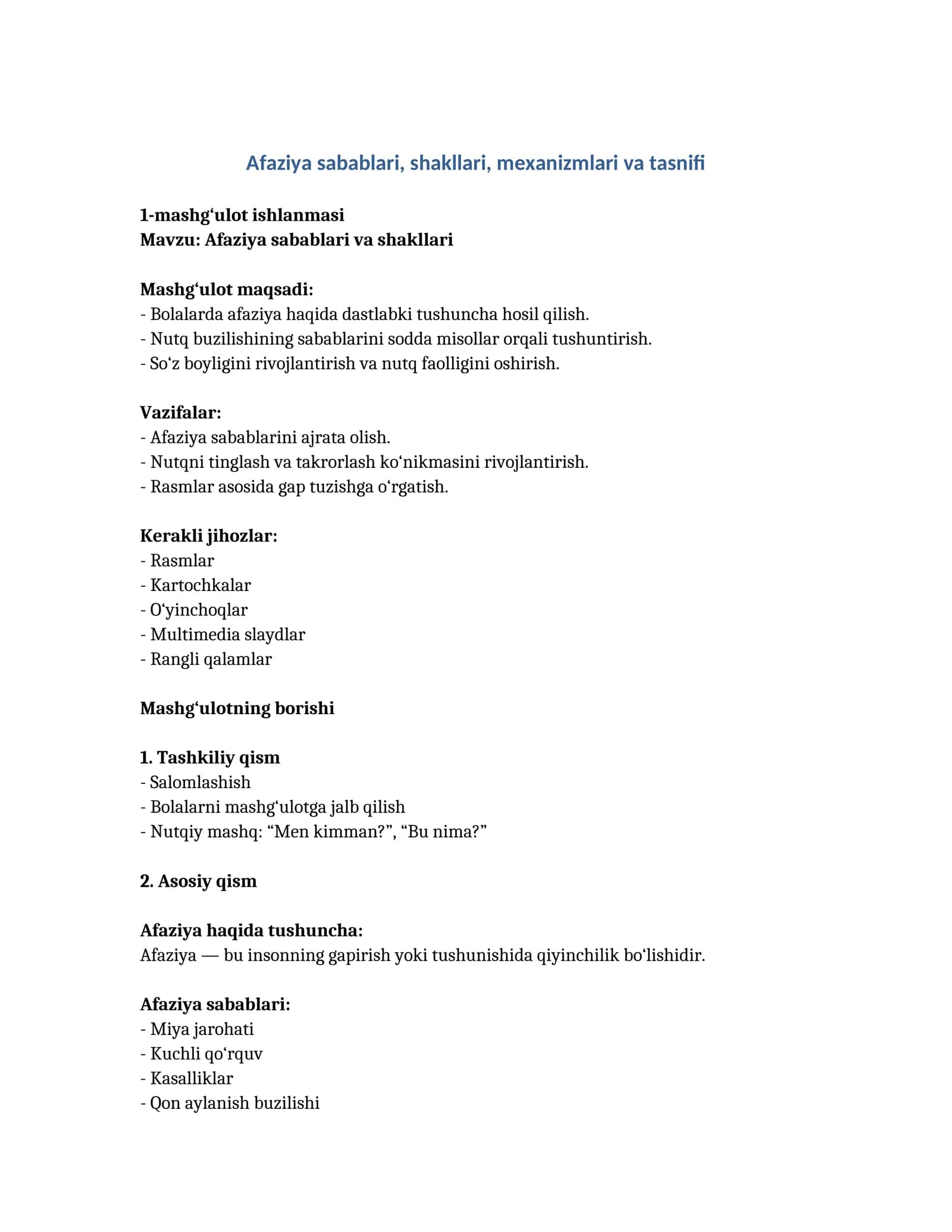 Afaziya sabablari, shakllari, mexanizmlari va tasnifi
