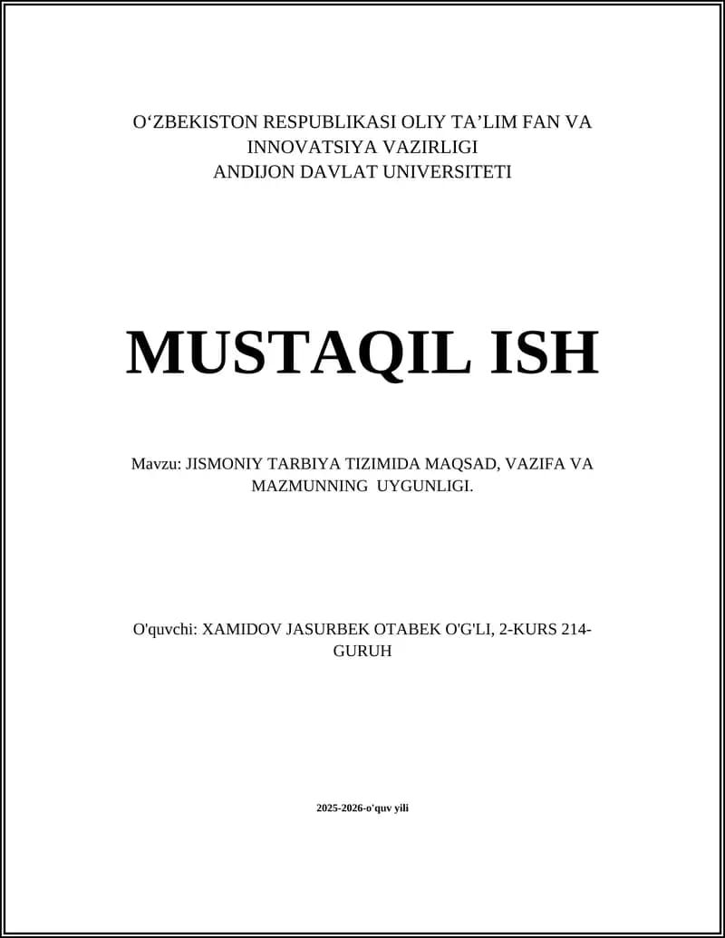 Jismoniy Tarbiya Tizimida Maqsad, Vazifa va Mazmunning Uygunligi