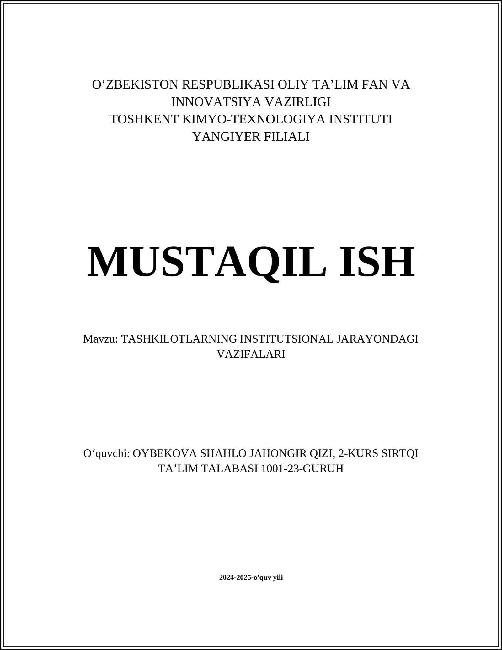 TASHKILOTLARNING INSTITUTSIONAL JARAYONDAGI VAZIFALARI