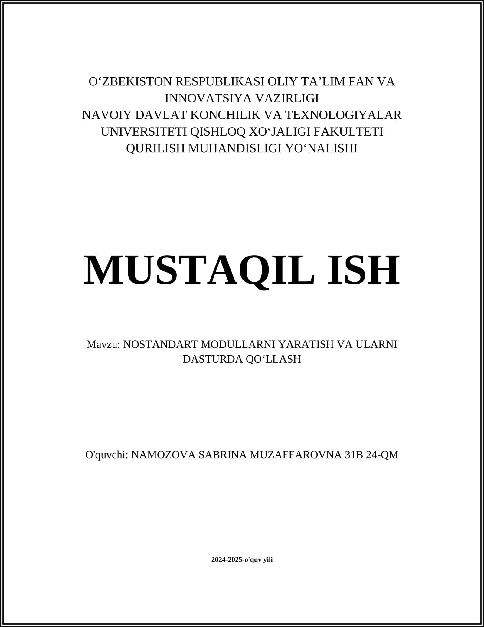 NOSTANDART MODULLARNI YARATISH VA ULARNI DASTURDA QOʻLLASH