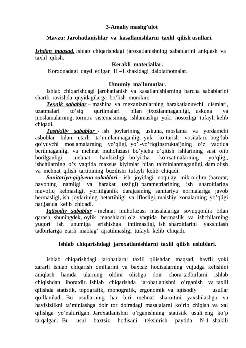 Jarohatlanishlar va kasallanishlarni taxlil qilish usullari