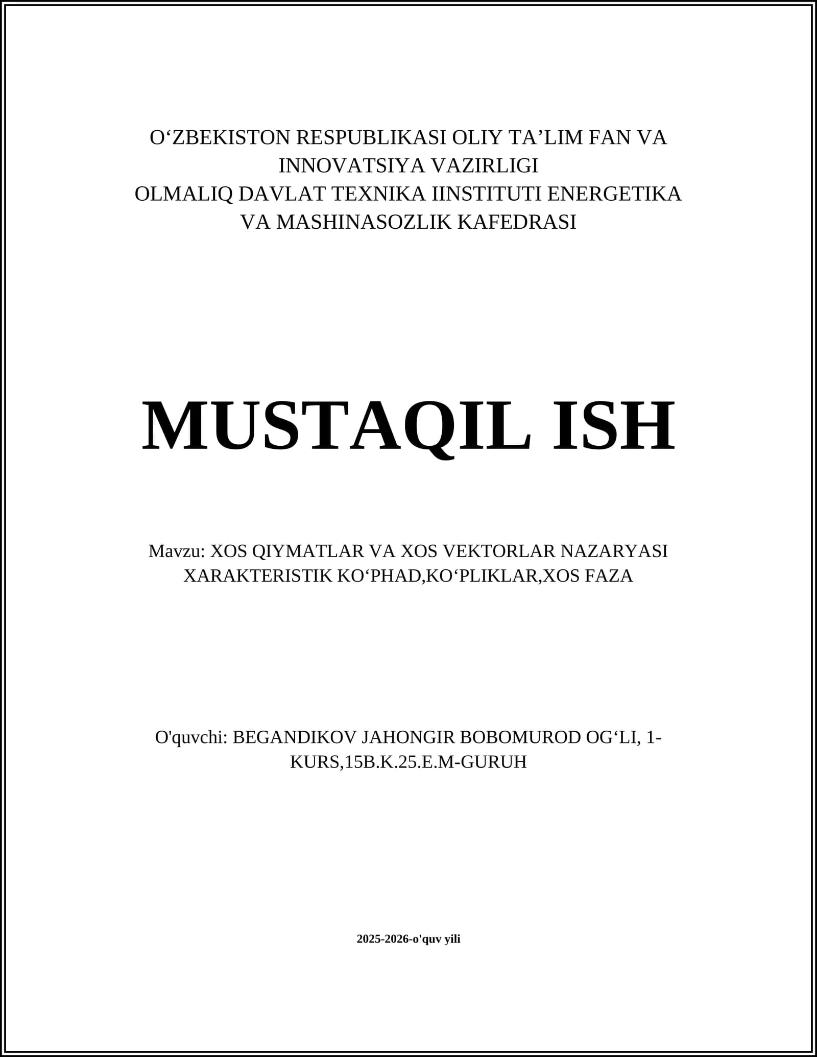 XOS QIYMATLAR VA XOS VEKTORLAR NAZARYASI