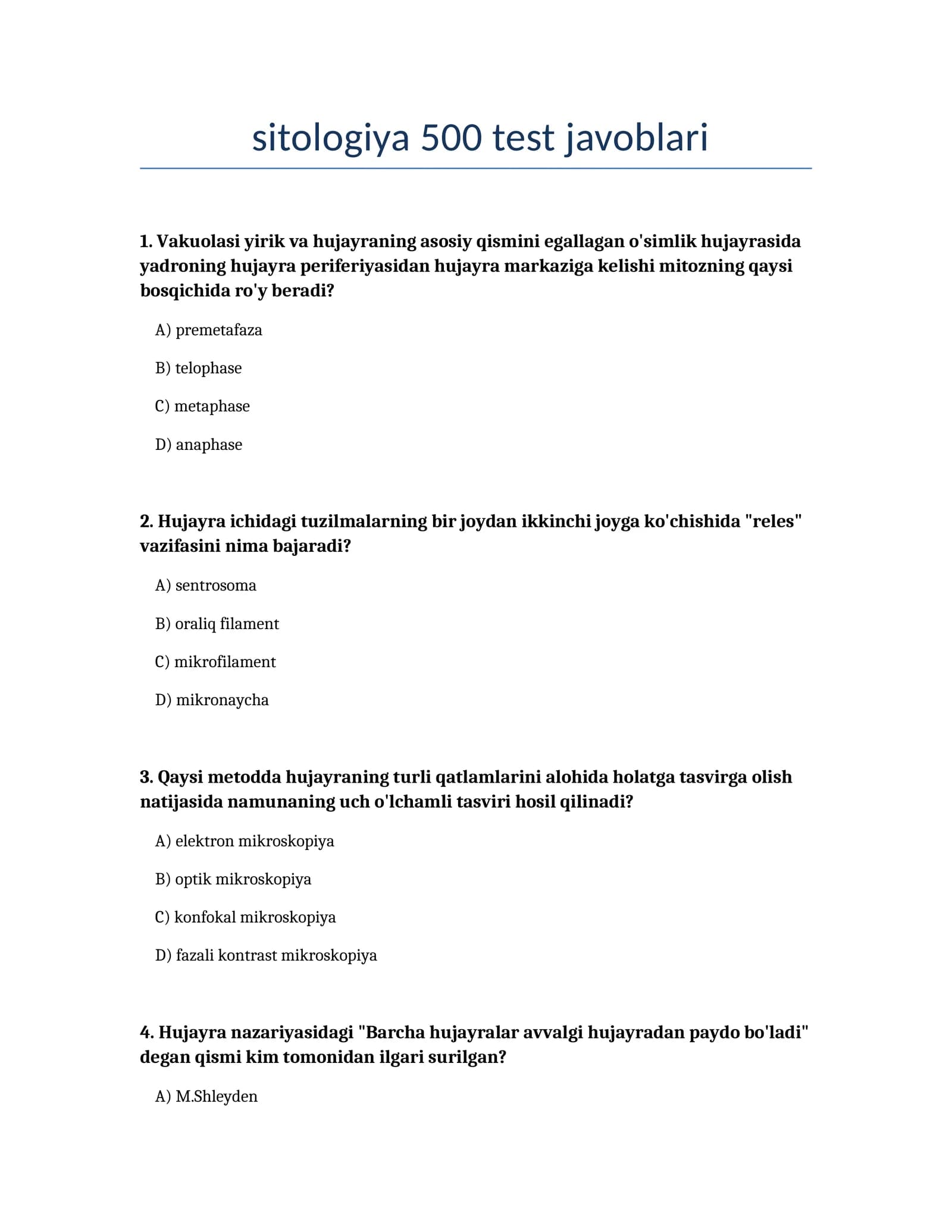 Sitologiya 500 test javoblari