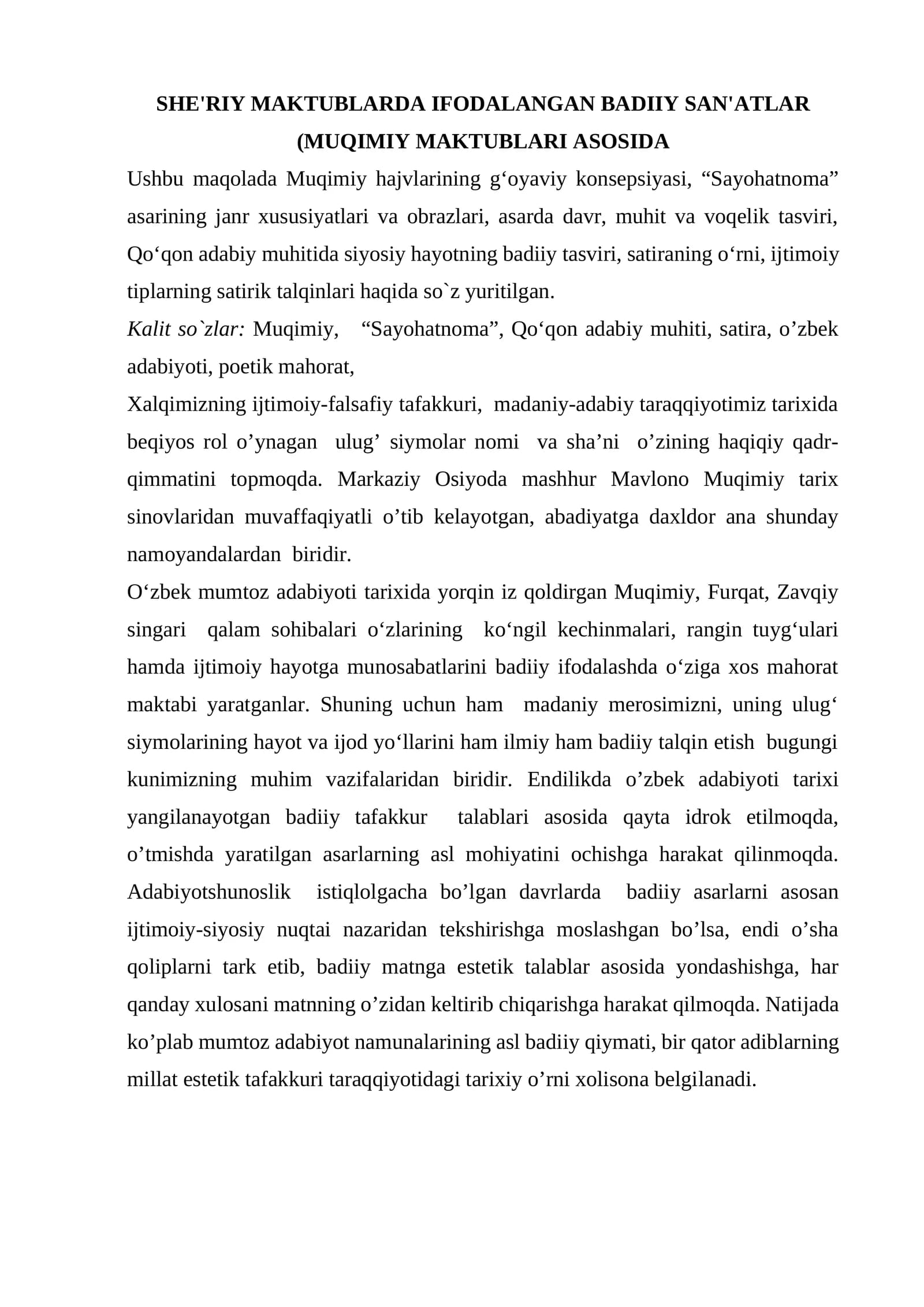 SHE'RIY MAKTUBLARDA IFODALANGAN BADIIY SAN'ATLAR (MUQIMIY MAKTUBLARI ASOSIDA