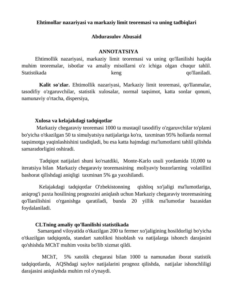 Ehtimollar nazariyasi va markaziy limit teoremasi va uning tadbiqlari
