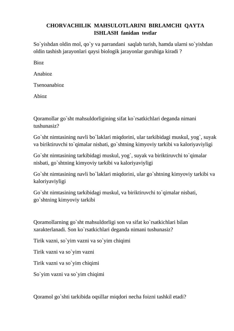 CHORVACHILIK MAHSULOTLARINI BIRLAMCHI QAYTA ISHLASH fanidan testlar