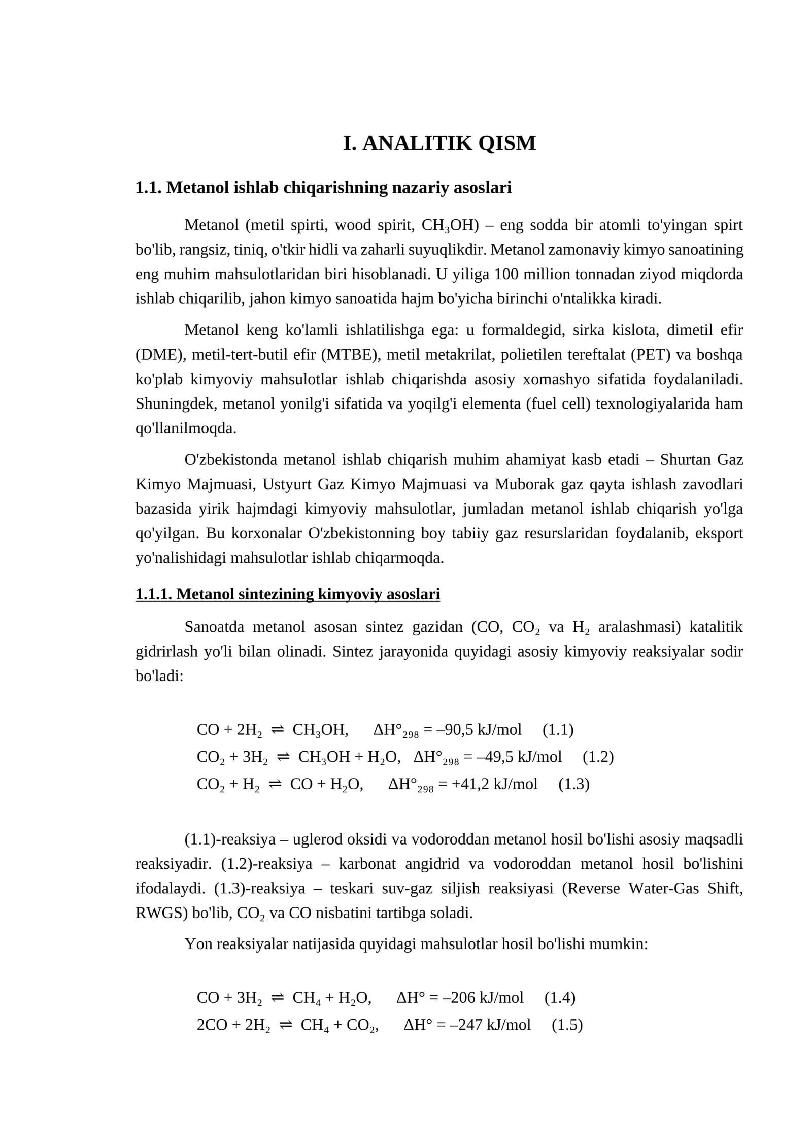 Metanol ishlab chiqarishning nazariy asoslari