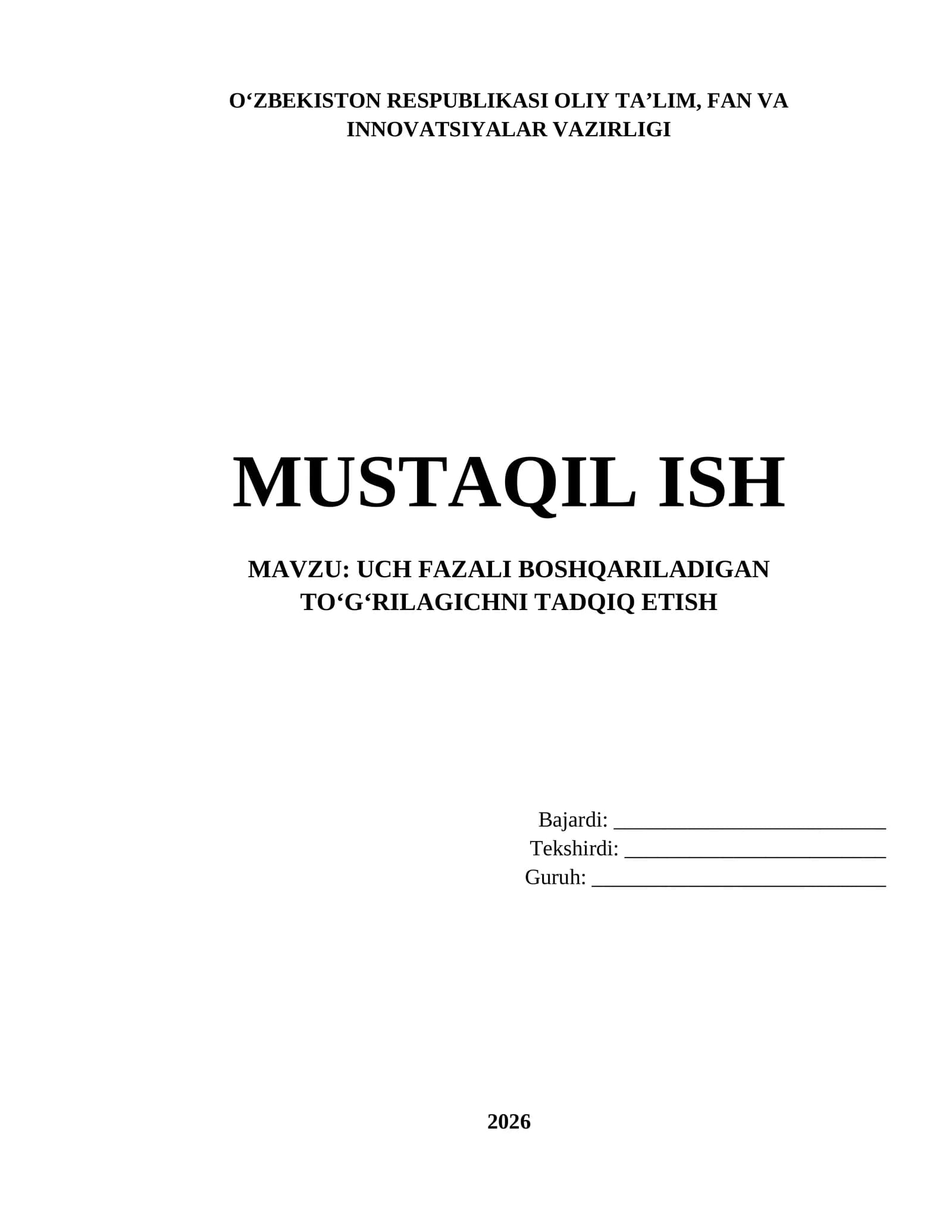 Uch fazali boshqariladigan toʻgʻrilagichni tadqiq etish
