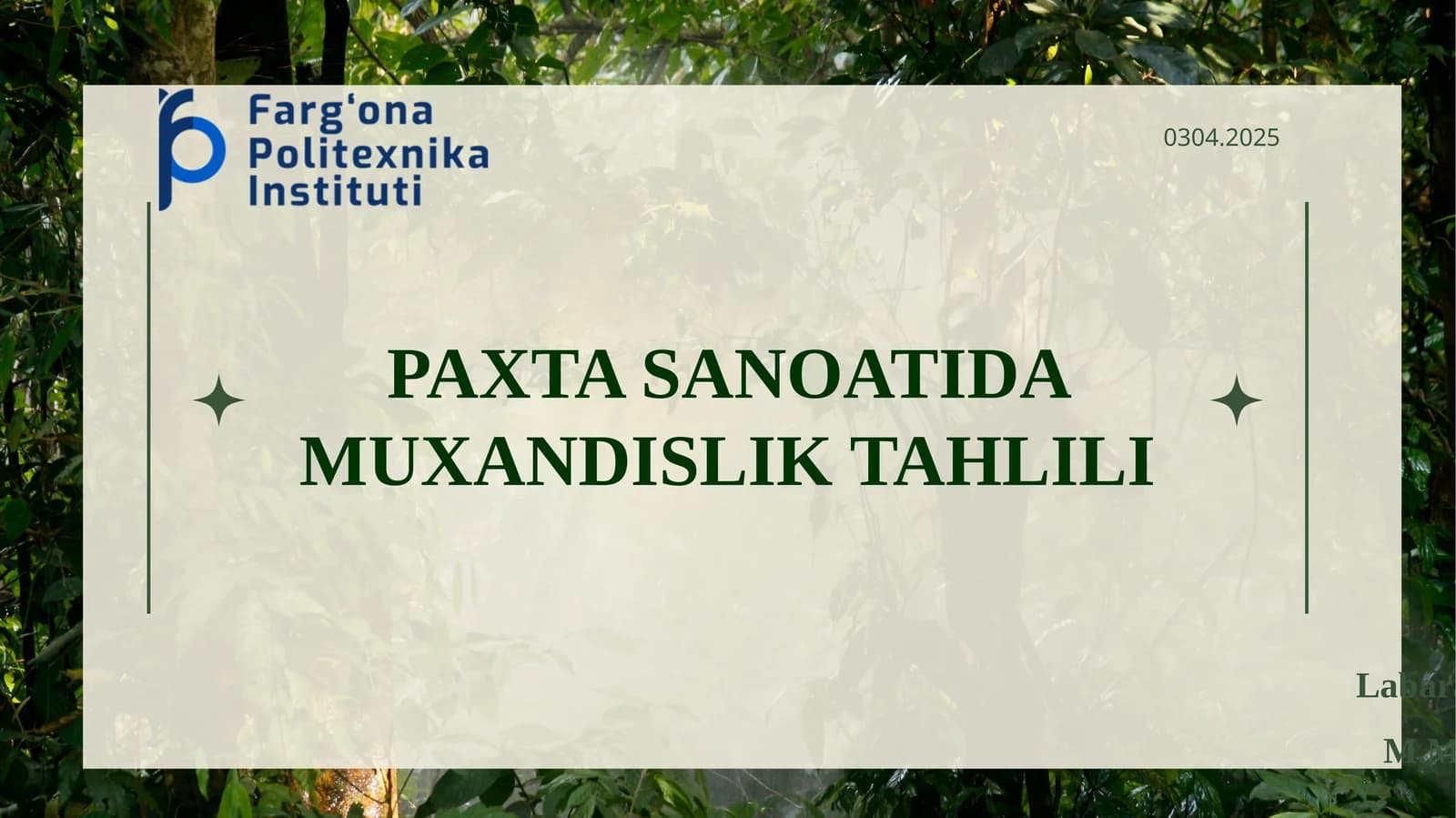 PAXTA SANOATIDA MUXANDISLIK TAHLILI