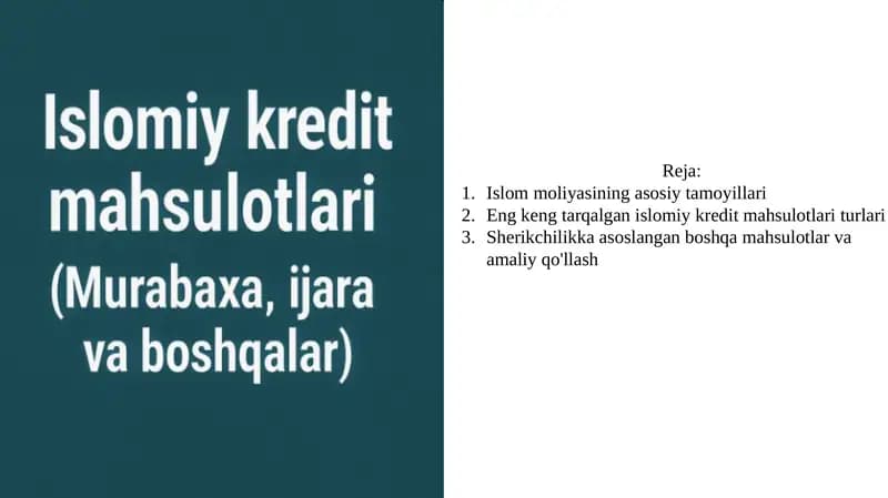 Islomiy kredit mahsulotlari haqida 11 betlik tekin slayd
