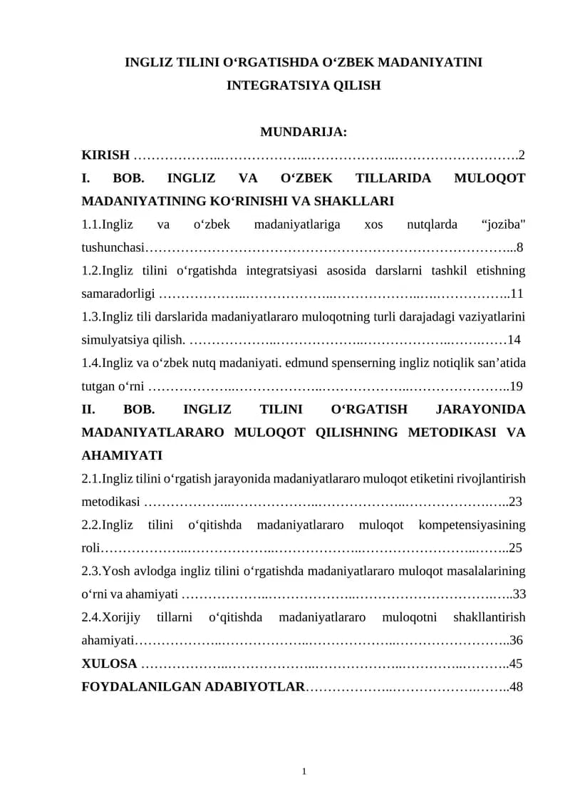 INGLIZ TILINI OʻRGATISHDA OʻZBEK MADANIYATINI INTEGRATSIYA QILISH