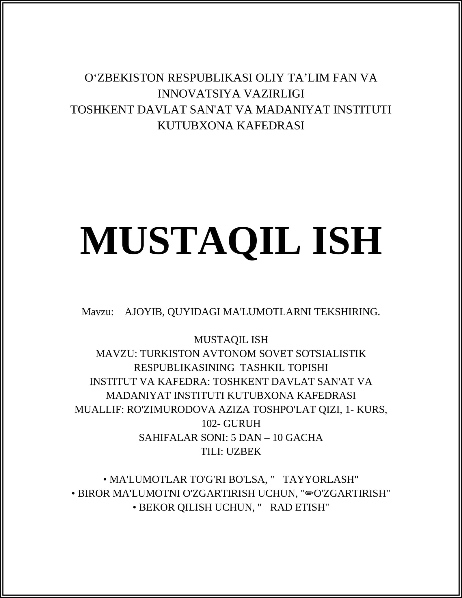TURKISTON AVTONOM SOVET SOTSIALISTIK RESPUBLIKASINING TASHKIL TOPISHI