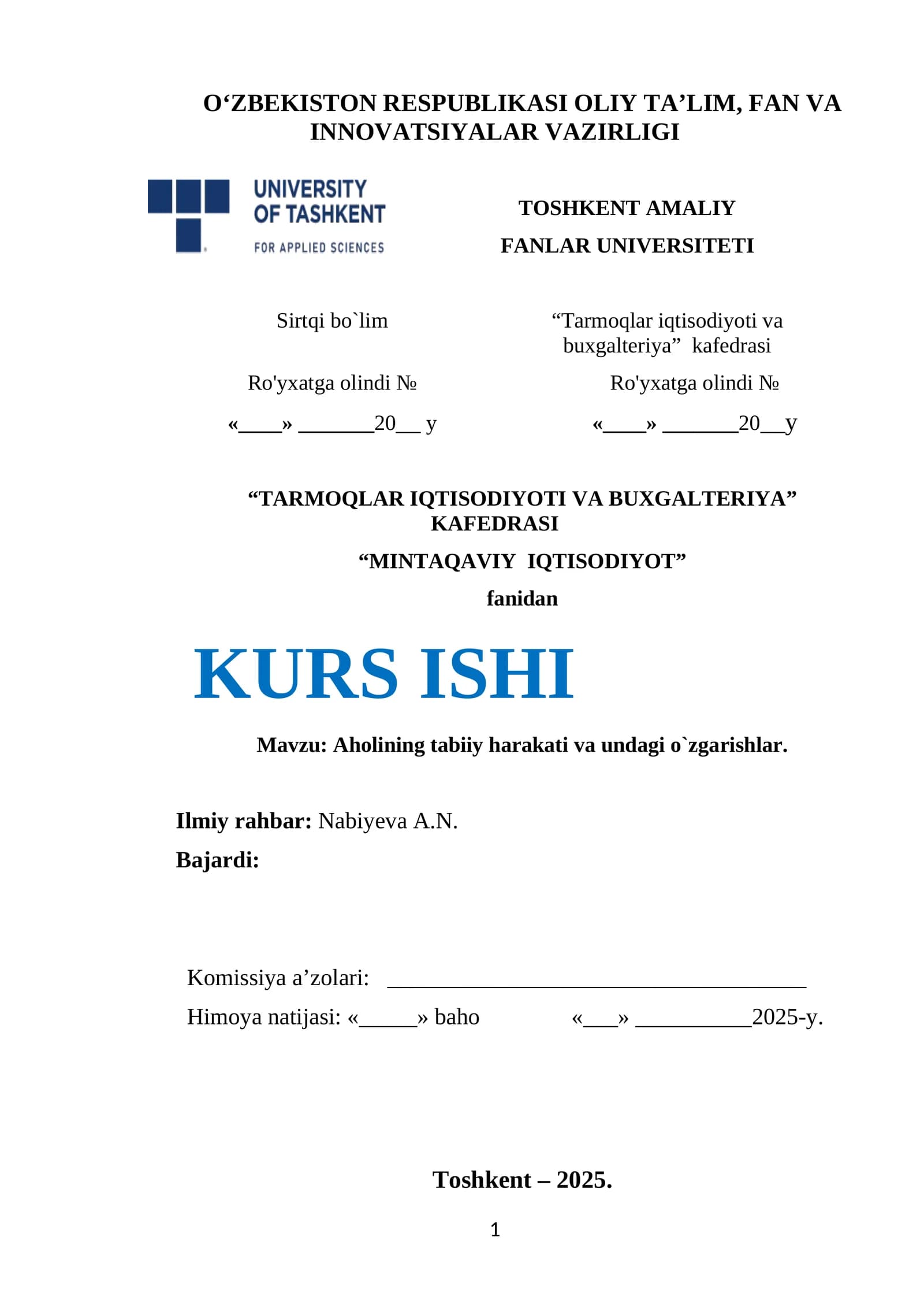 MINTAQAVIY IQTISODIYOT KURS ISHI