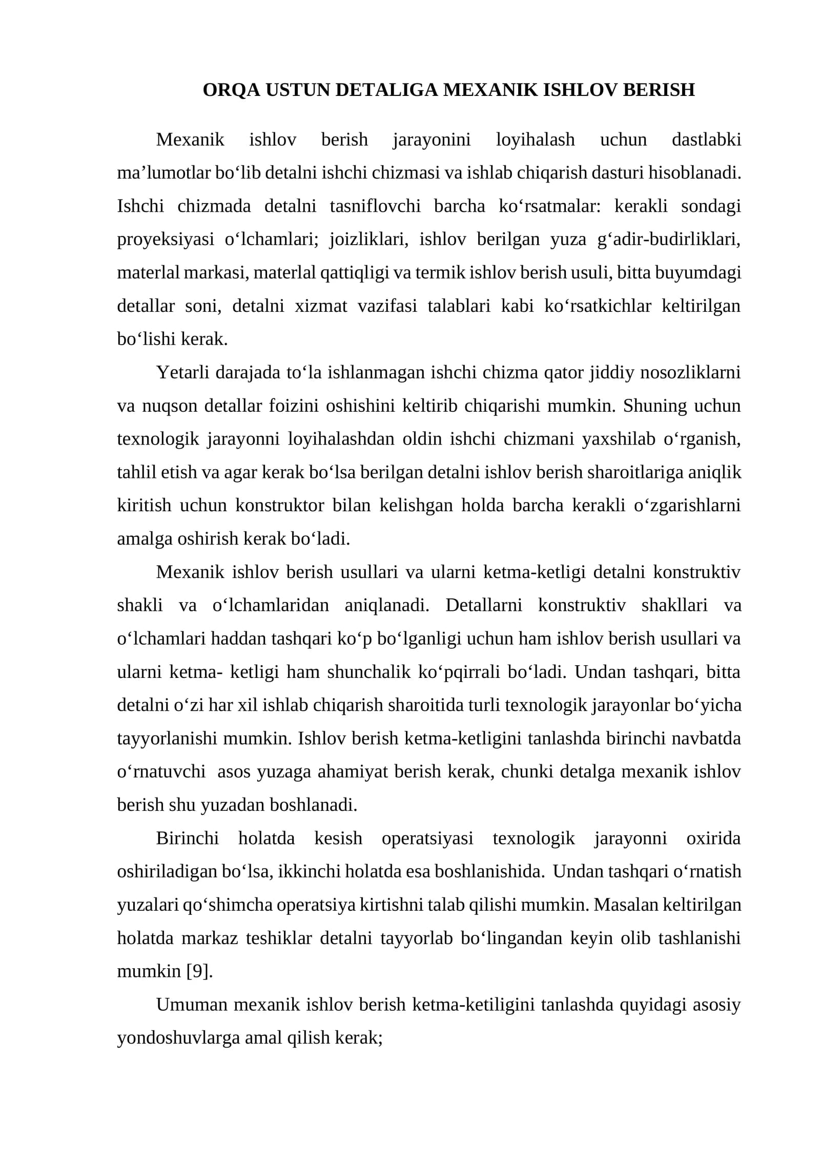 Orqa Ustun Detaliga Mexanik Ishlov Berish