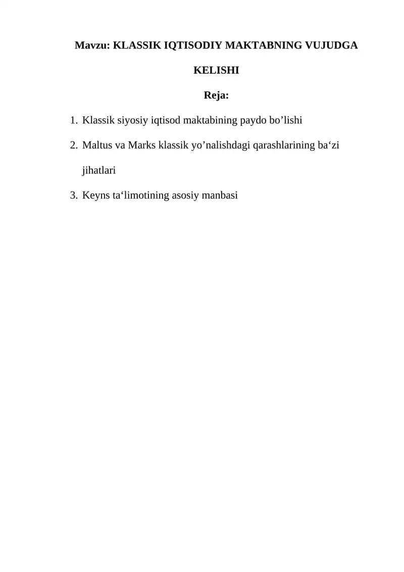 KLASSIK IQTISODIY MAKTABNING VUJUDGA KELISHI