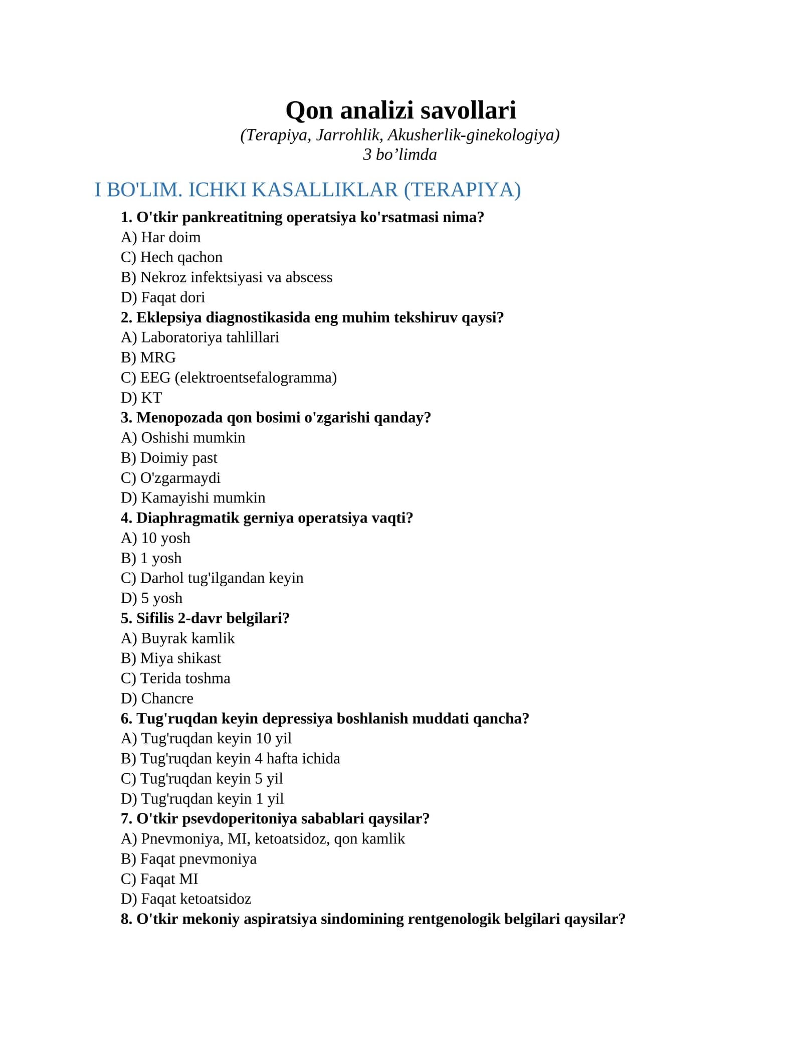 Qon analizi savollari