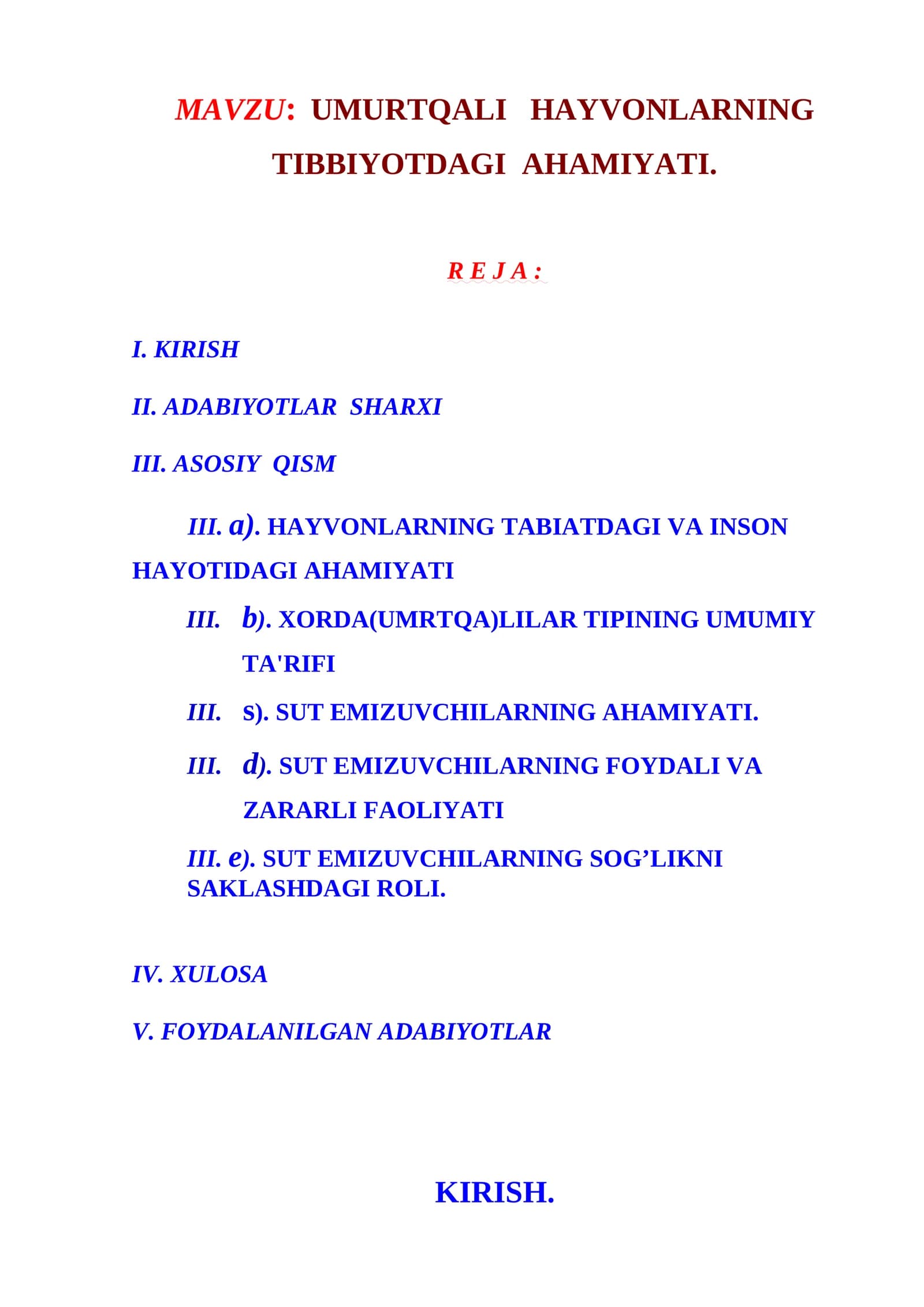 UMURTQALI HAYVONLARNING TIBBIYOTDAGI AHAMIYATI