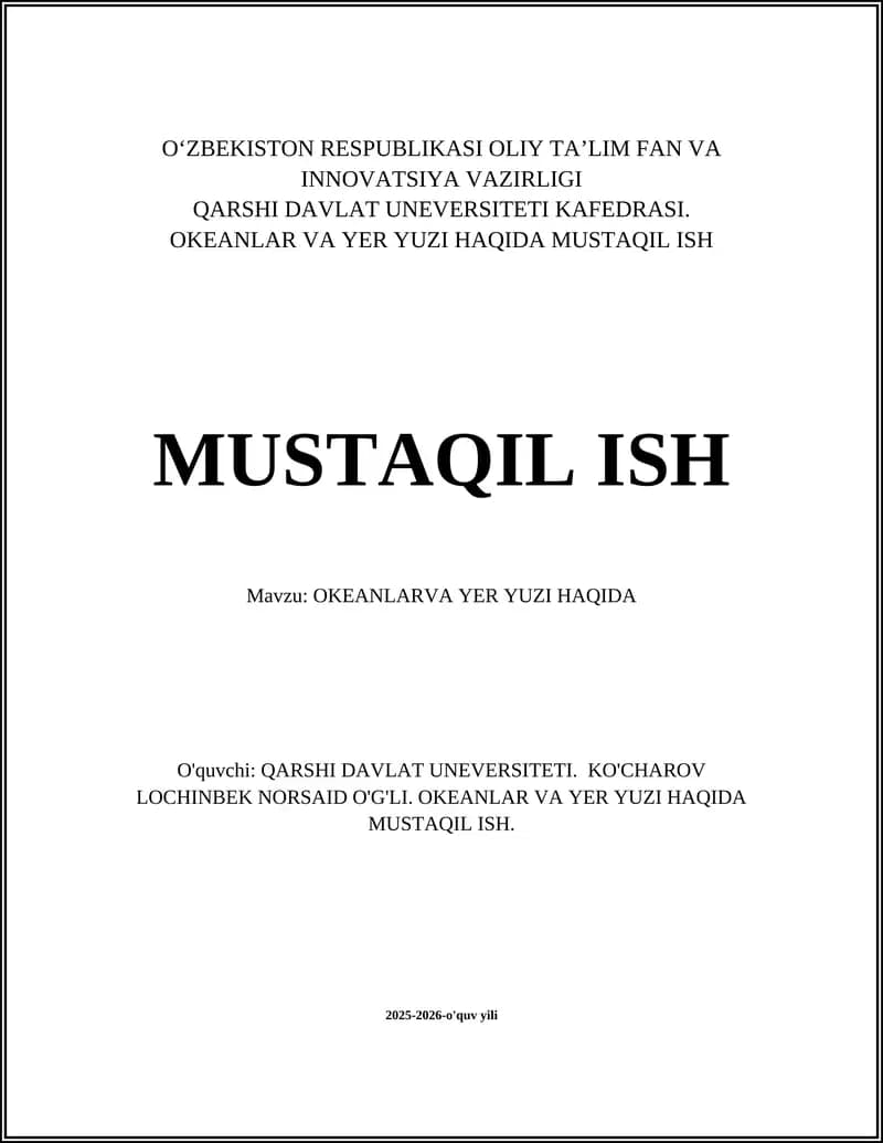 OKEANLAR VA YER YUZI HAQIDA MUSTAQIL ISH