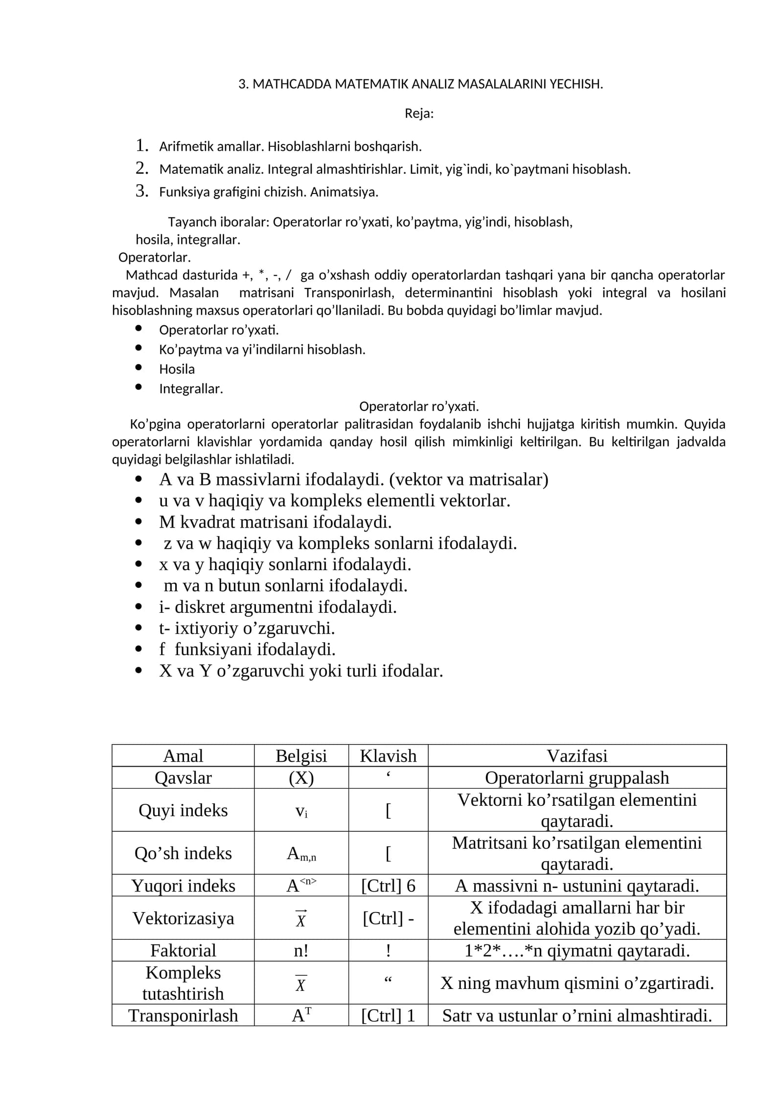 MATHCADDA MATEMATIK ANALIZ MASALALARINI YECHISH