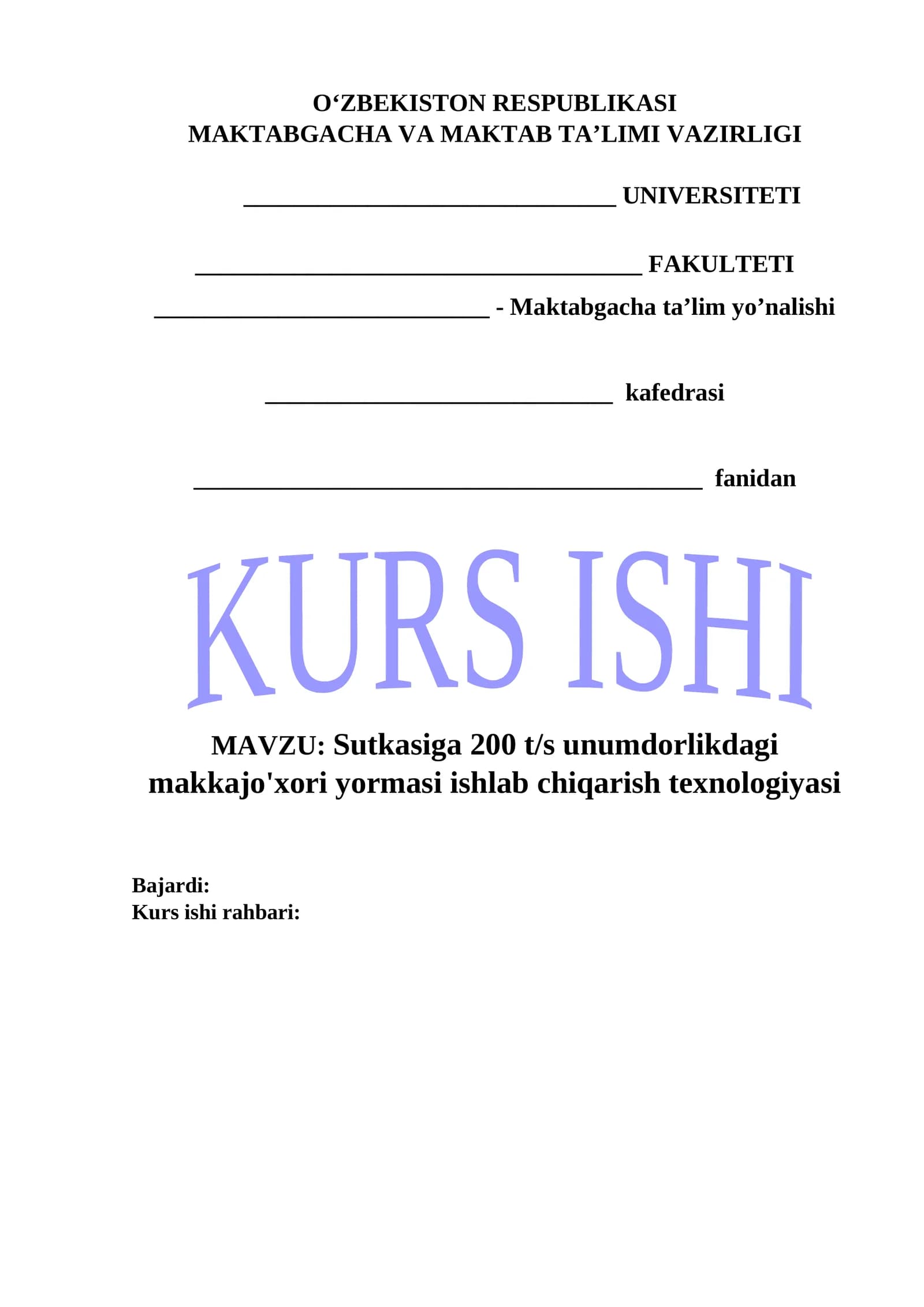 Sutkasiga 200 t/s unumdorlikdagi makkajo'xori yormasi ishlab chiqarish texnologiyasi