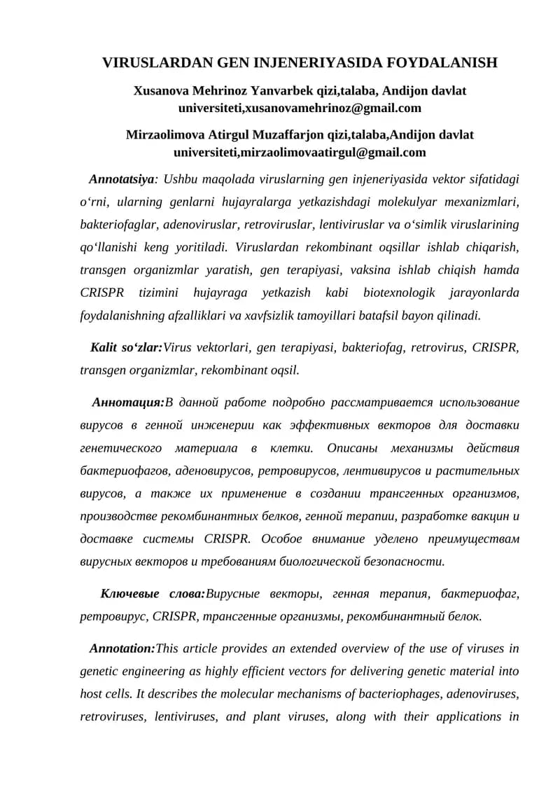 VIRUSLARDAN GEN INJENERIYASIDA FOYDALANISH