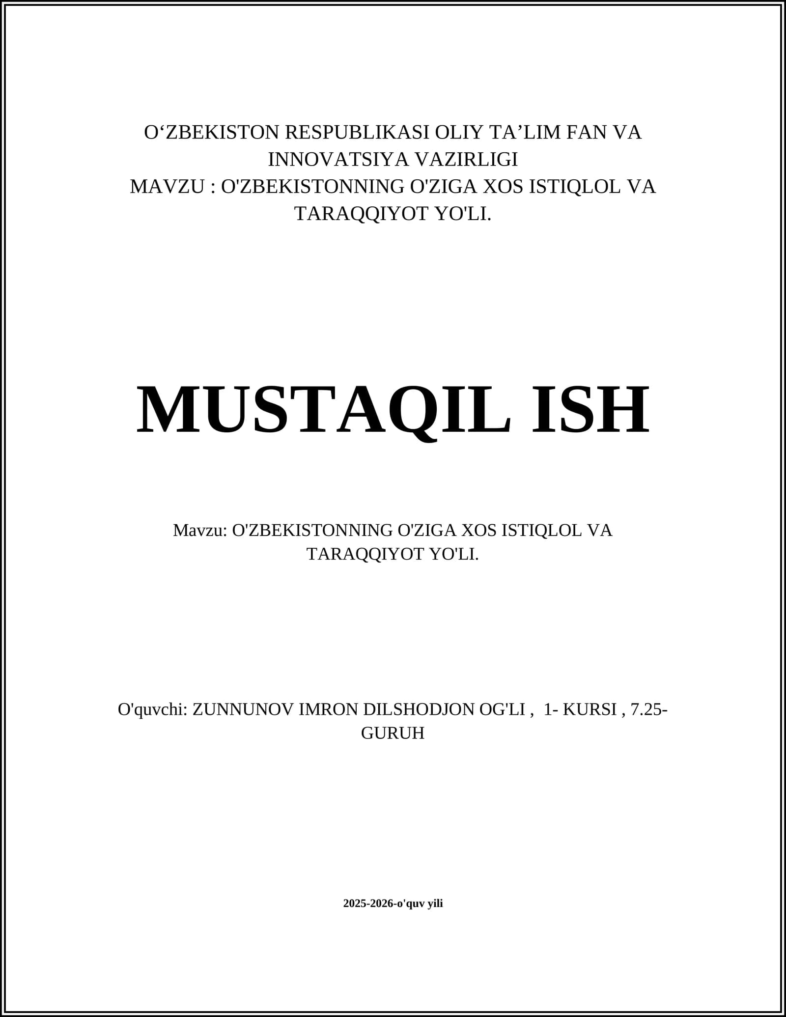 O'ZBEKISTONNING O'ZIGA XOS ISTIQLOL VA TARAQQIYOT YO'LI