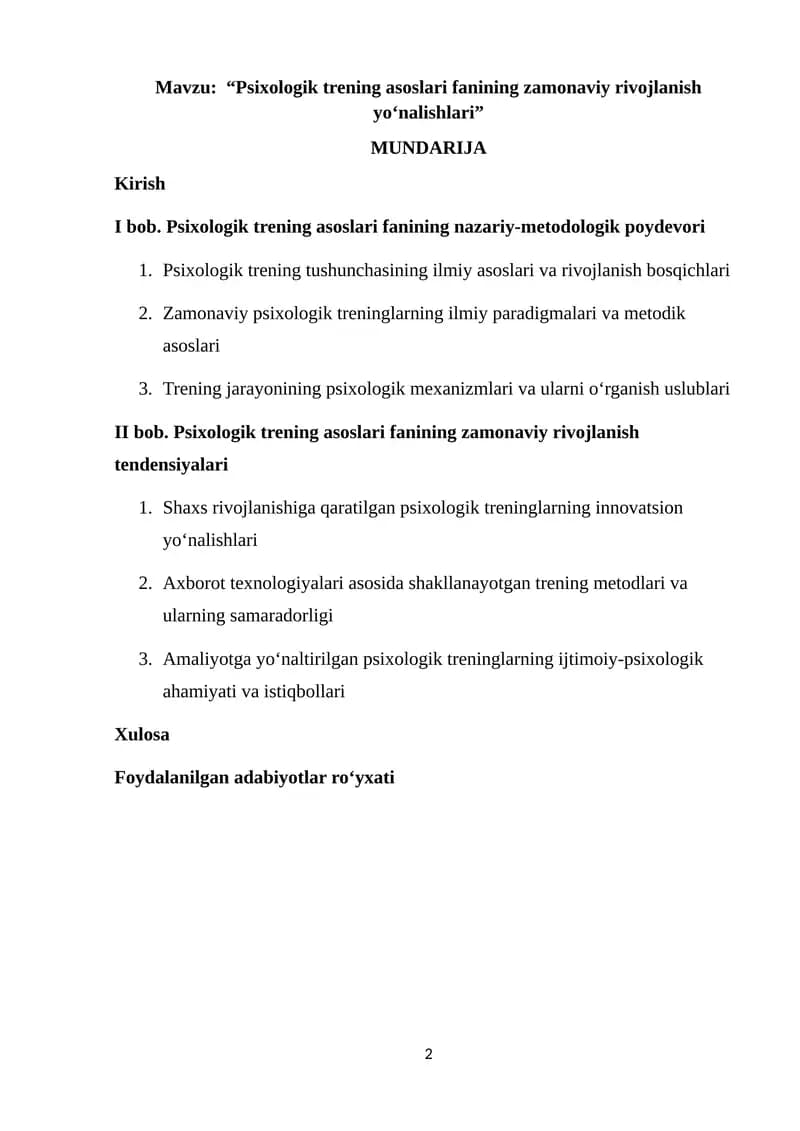 Psixologik trening asoslari fanining zamonaviy rivojlanish yo‘nalishlari